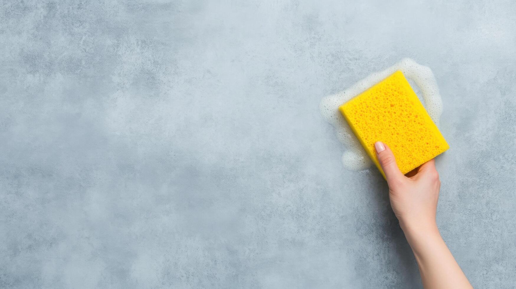 of a hand using a yellow sponge to clean a grey surface. The sponge is creating foam, showcasing a cleaning process. Perfect for c photo