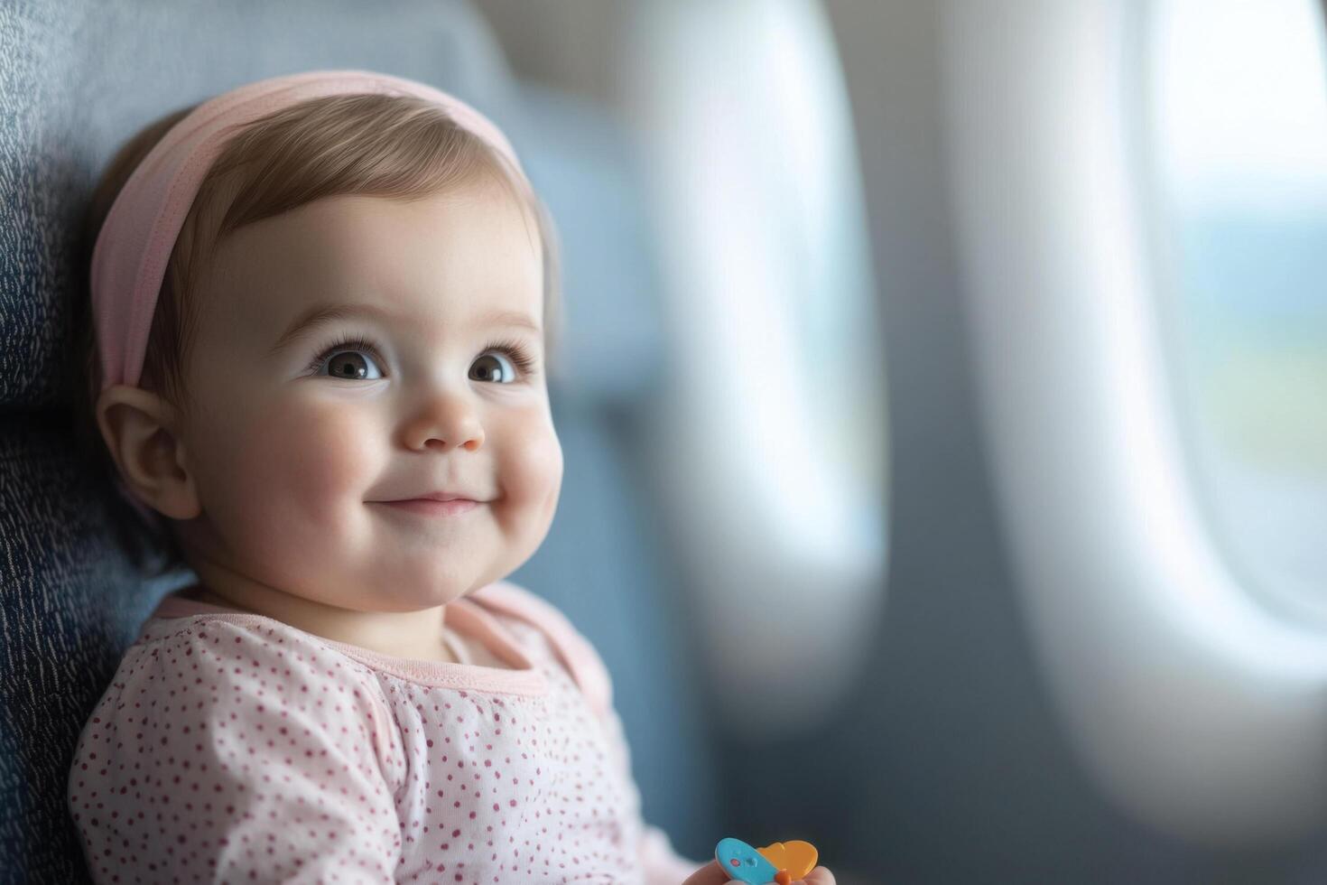 Adorable Baby Girl on Airplane A Sweet and Innocent Travel Moment. This heartwarming image captures the pure joy of a child experi photo