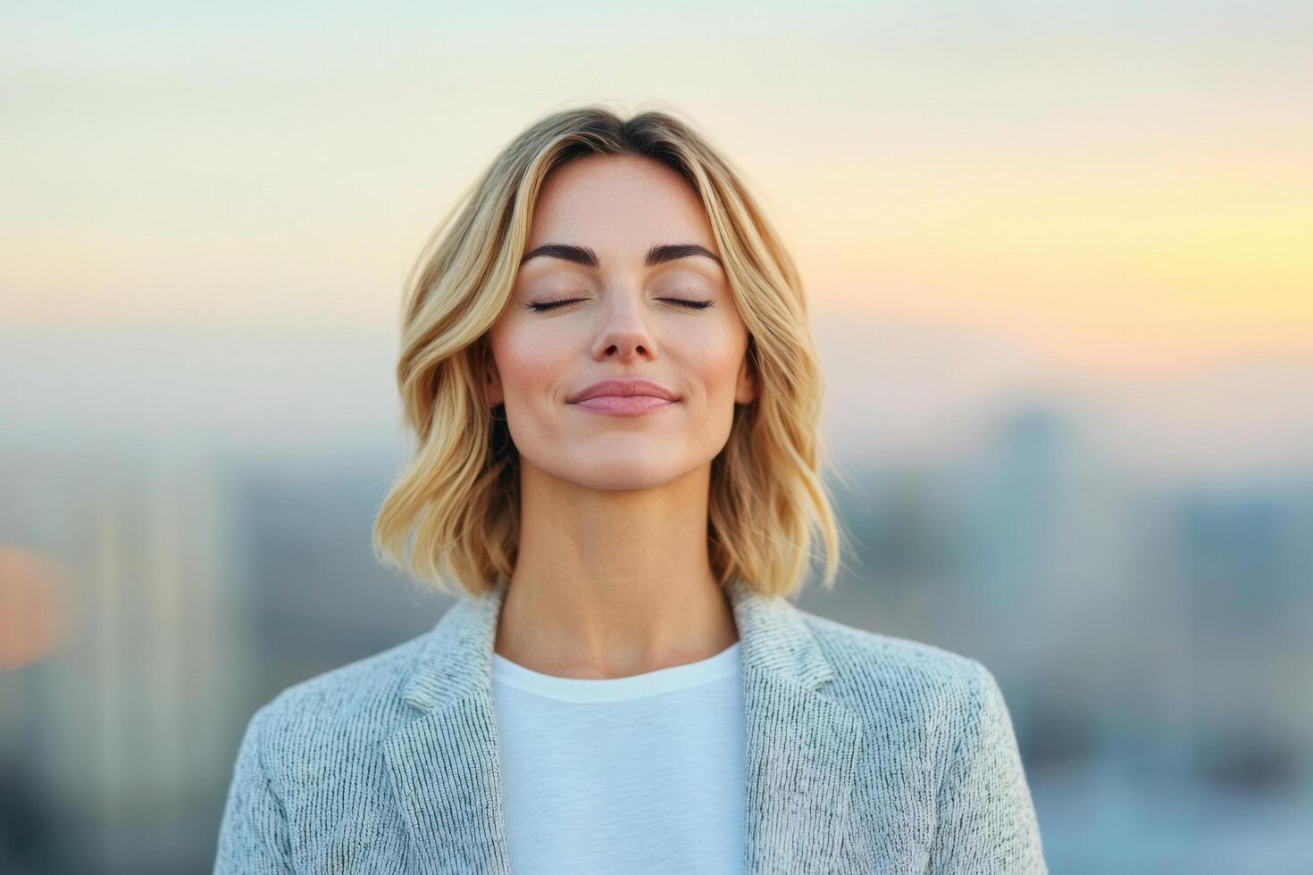 Finding Inner Peace A Serene Woman in the City at Sunset. A mindfulness and meditation image evoking feelings of calm, peace, and photo