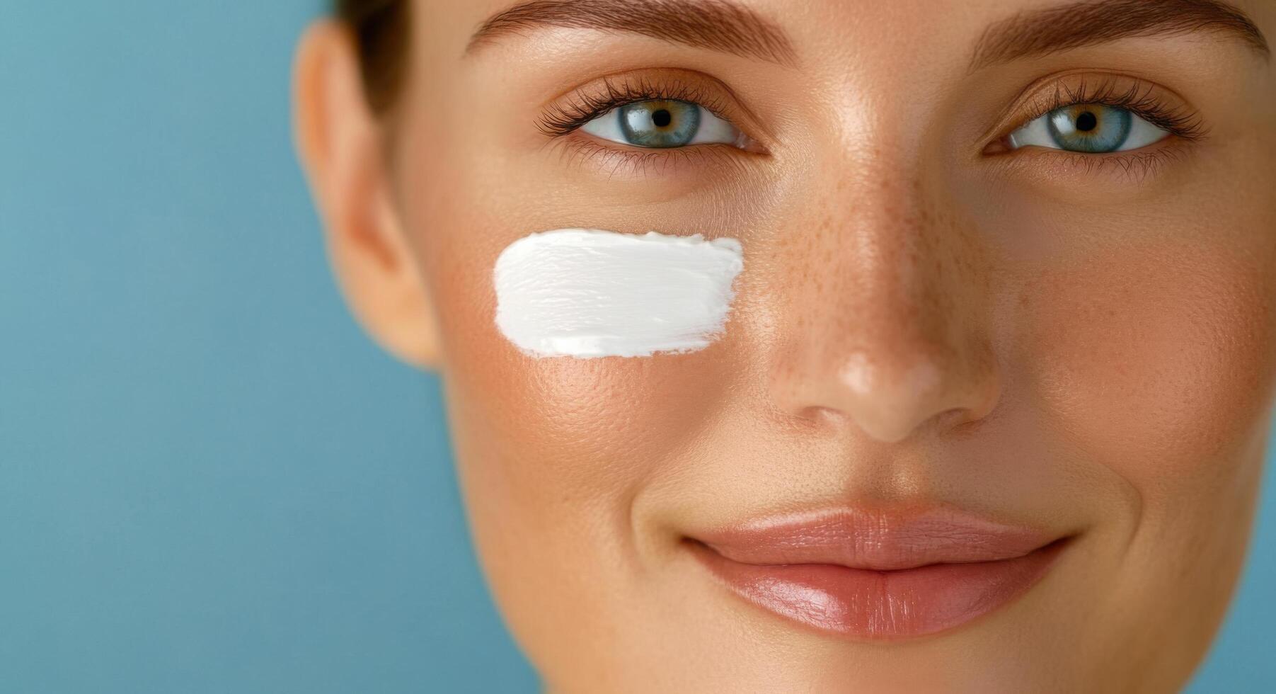 of a Woman's Face with Skincare Cream Applied, Showcasing Healthy, Radiant Skin and a Natural Beauty. Highlighting the skincare ro photo