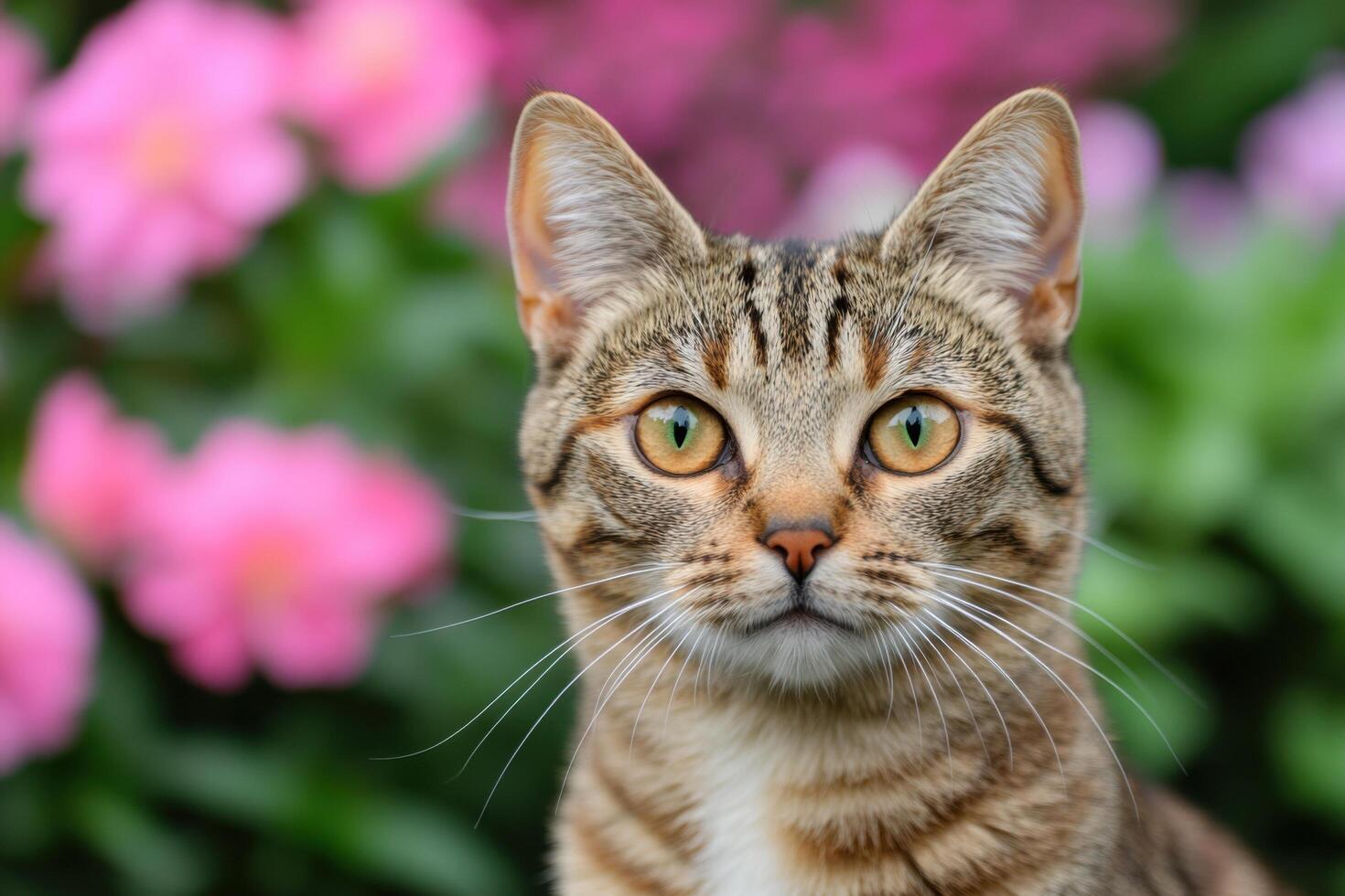 portrait of an adorable tabby cat amidst a vibrant garden of pink flowers. The cat's captivating gaze and soft fur are beautifully photo