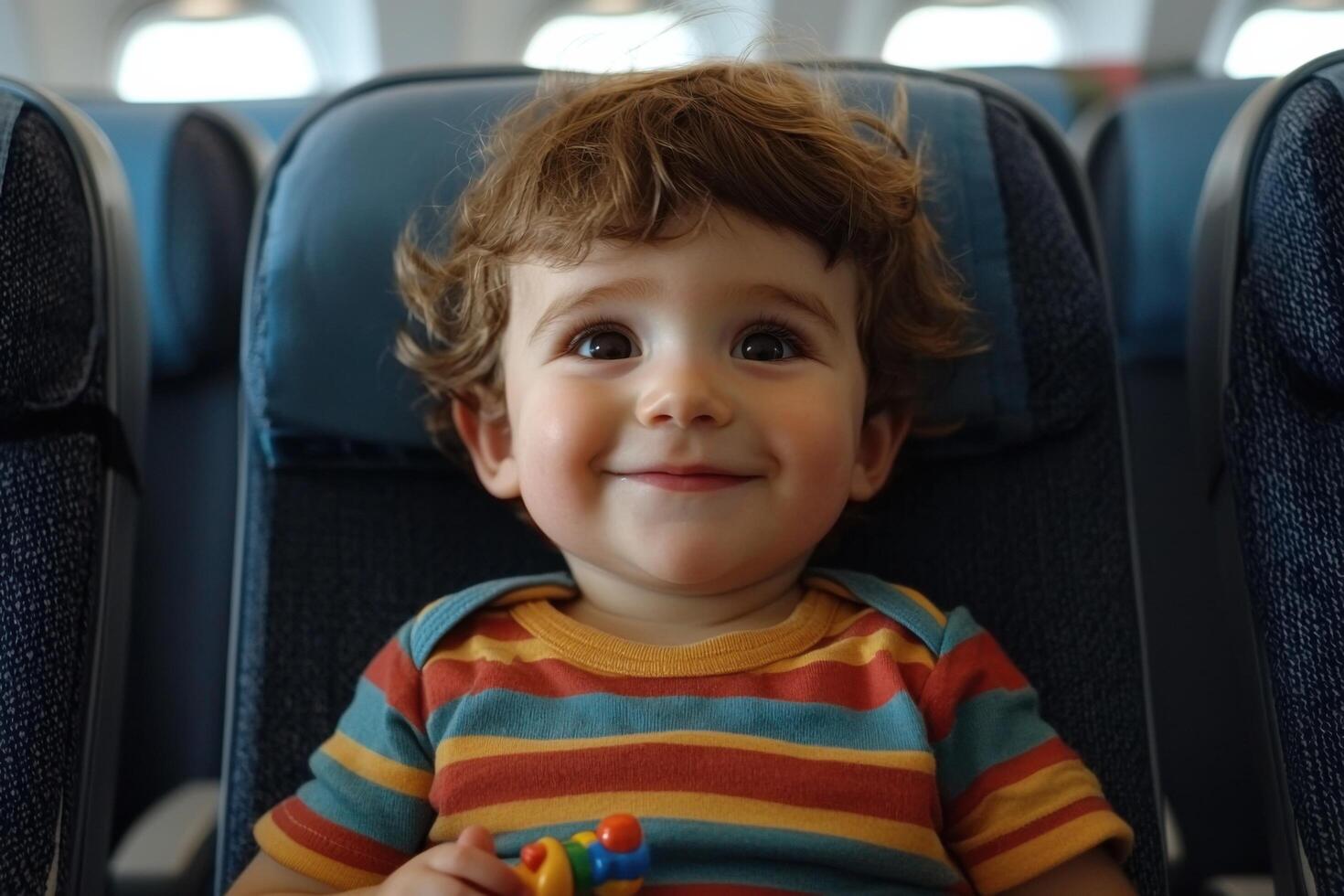 Adorable Toddler Enjoying Airplane Travel A Happy Child on a Flight, Sitting in Airplane Seat, Smiling and Playing with Toy. Captu photo