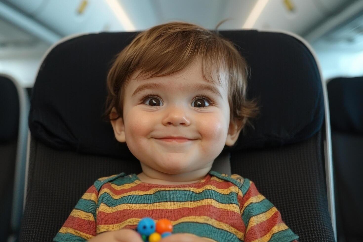 Adorable Toddler Smiles During Airplane Flight A Captivating Moment of Childlike Joy and Travel Adventure photo