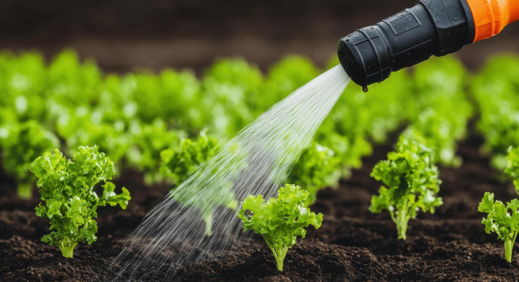 Vibrant Green Lettuce Plants Being Watered in a Lush Garden. A View of a Sprinkler System Gently Watering Rows of Young Lettuce P photo