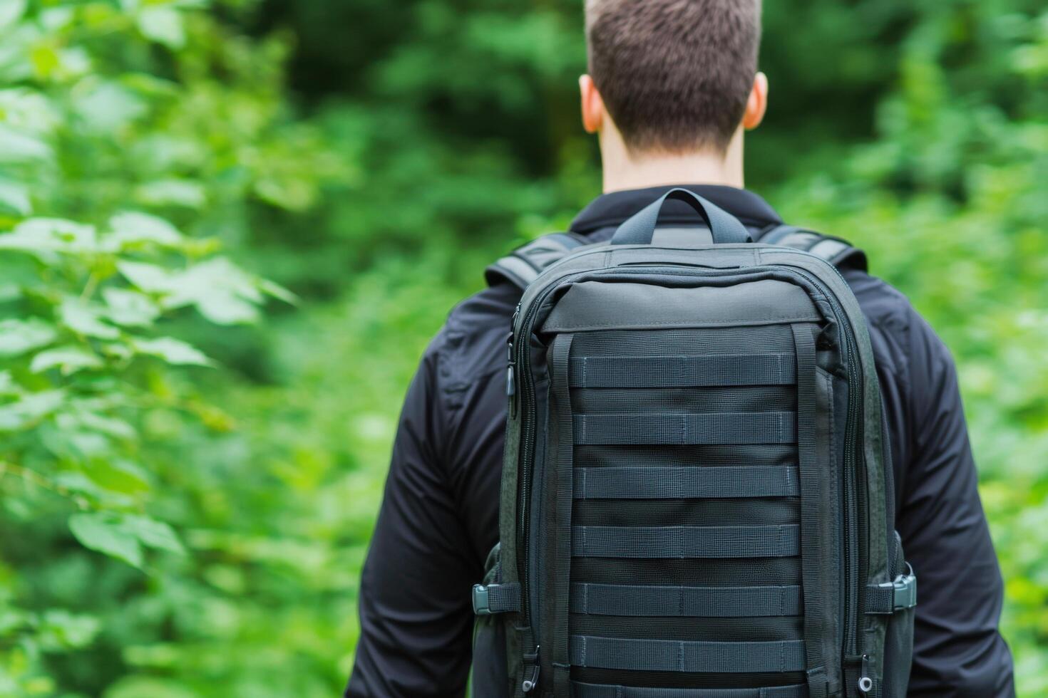 A man with a backpack on his back in a forest, enjoying a journey through nature. A perfect image for travel blogs and adventure a photo