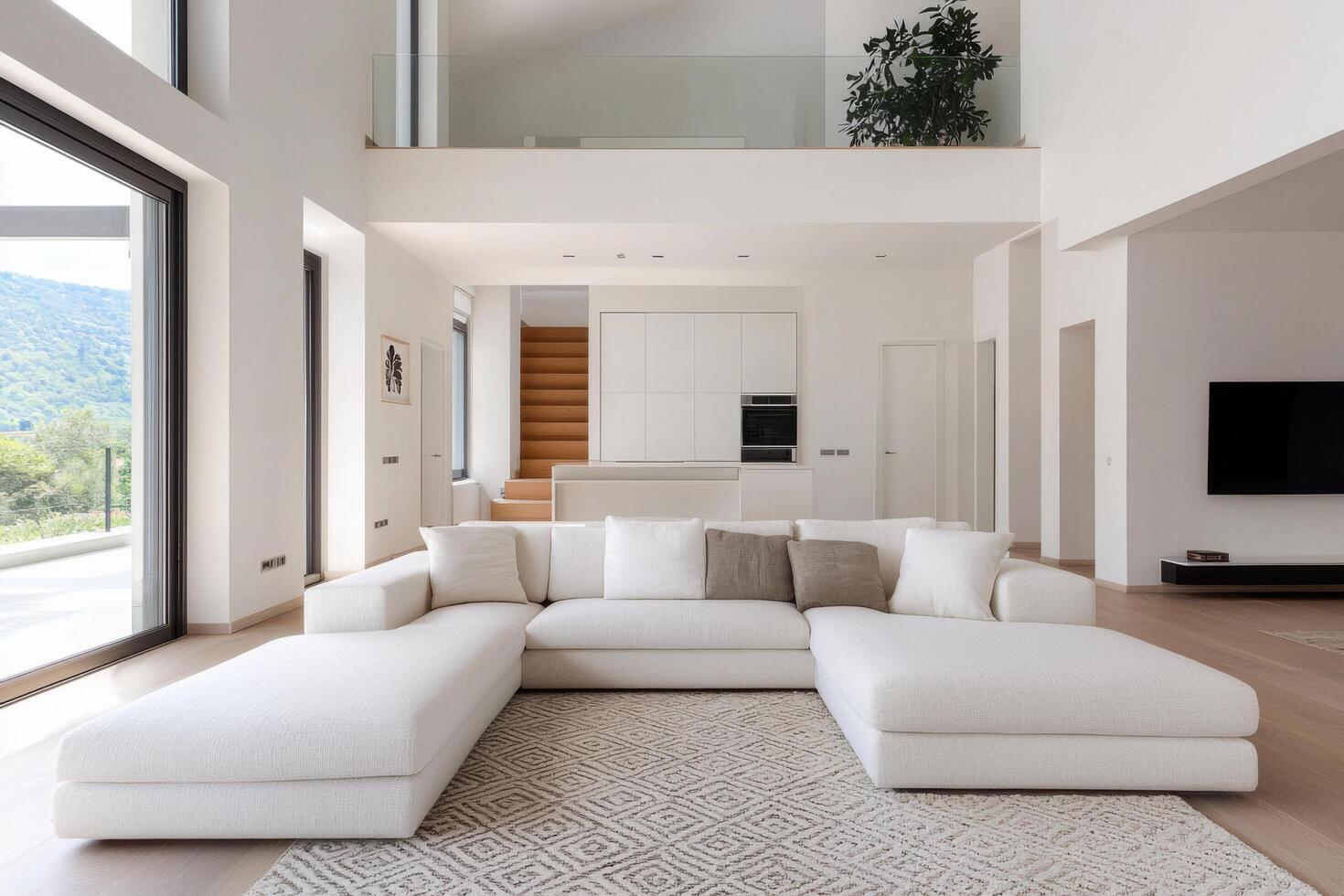 Modern Minimalist Living Room Interior Design A Luxurious Open Plan Home with Stunning Views and Elegant Decor. The bright, spacio photo