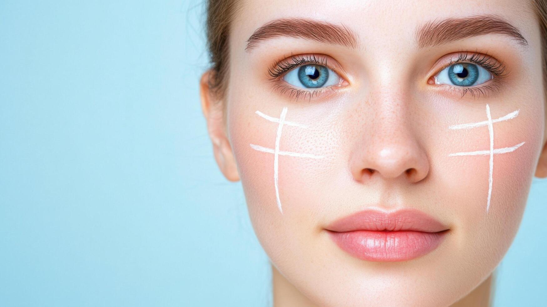 portrait of a young woman's face, showcasing healthy, glowing skin. The image highlights beauty, cosmetics, and skincare, emphasiz photo