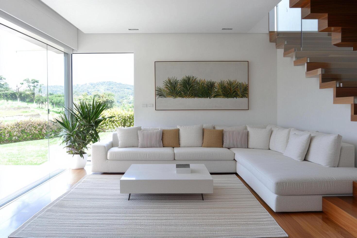 Modern Minimalist Living Room Interior Design Spacious, Elegant, and Luxurious Home Decor with Stunning Landscape View. White Sof photo
