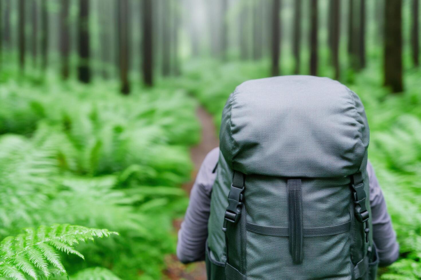 A Gray Backpack on a Hiking Trail Through a Lush Green Forest An Inviting Journey into Nature's Embrace. Explore the Serene Beauty photo