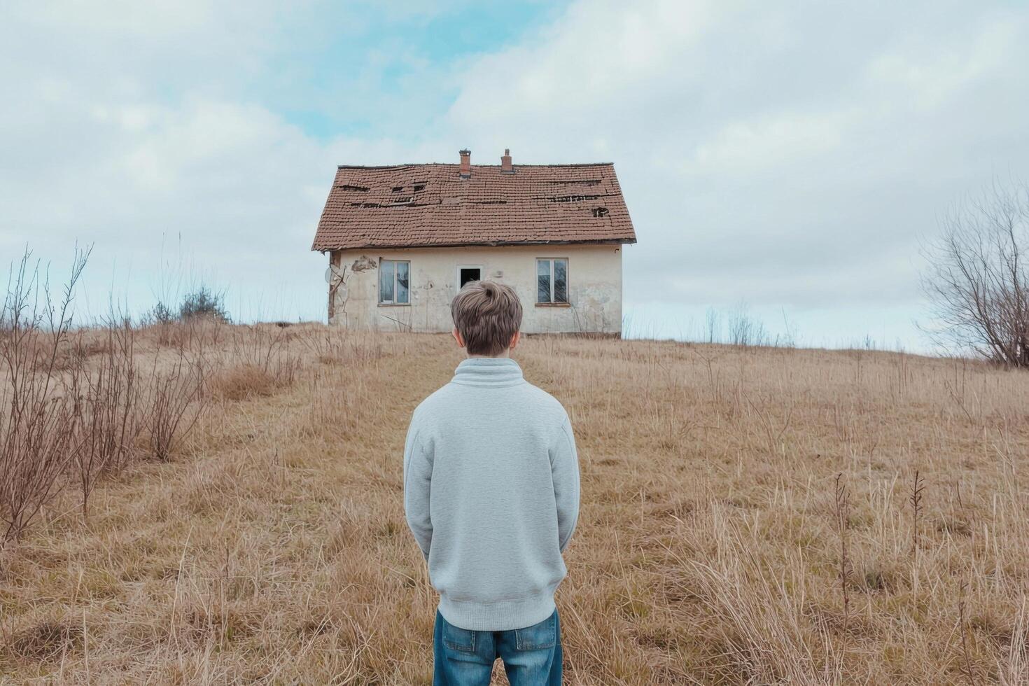 A Solitary Figure Contemplates an Abandoned House in a Desolate Landscape A poignant scene of rural decay, evoking themes of solit photo