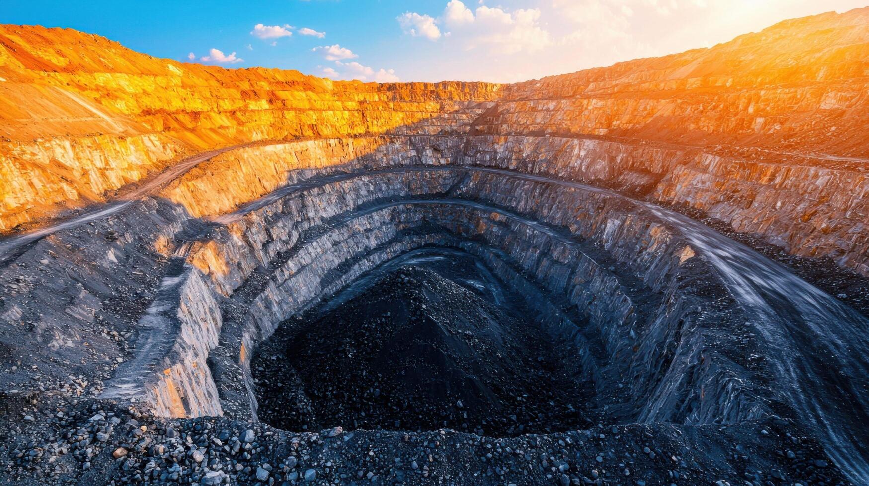 Open Pit Coal Mine A Panoramic View of Industrial Excavation and Resource Extraction. The vastness of the mining operation showcas photo