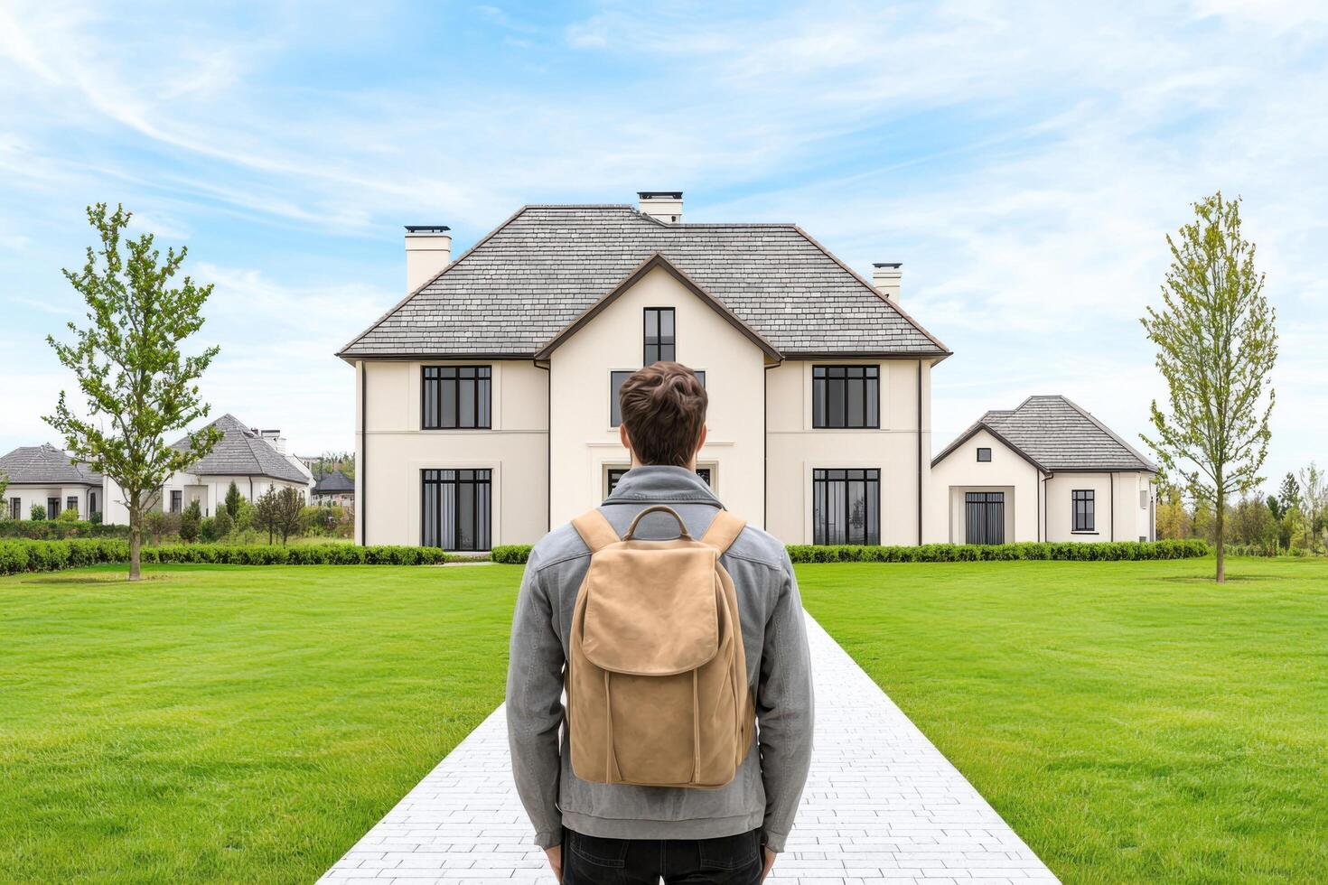 A Man with Backpack Looks at a Luxurious House in a Picturesque Suburb. This image evokes feelings of aspiration, achievement, and photo