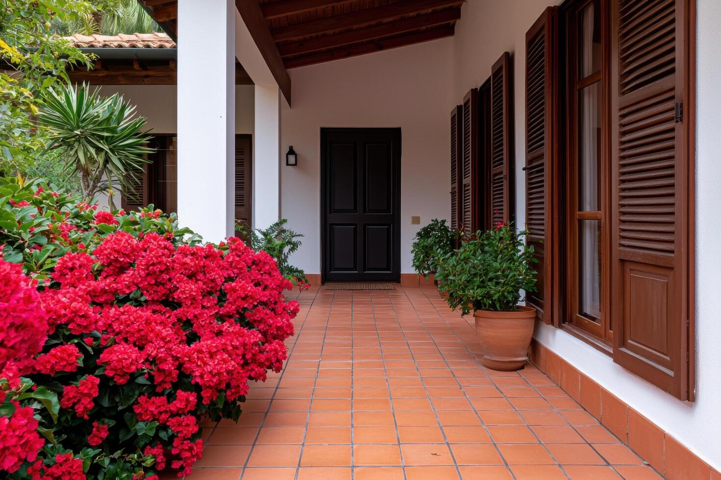 Mediterranean Villa Exterior Red Flowers, Terracotta Tiles, and Wooden Shutters. A picture of a beautiful house with red flowers a photo