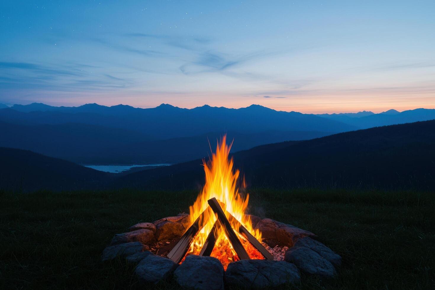 Campfire Under the Starlit Sky A Majestic Mountain Landscape at Sunset. Embark on a visual journey of serenity, tranquility, and t photo