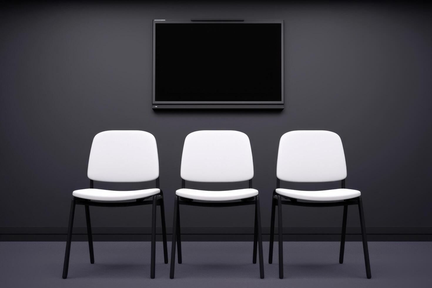 Three white chairs facing a blank screen in a minimalist, modern room. The image features a clean, simple design with a neutral co photo