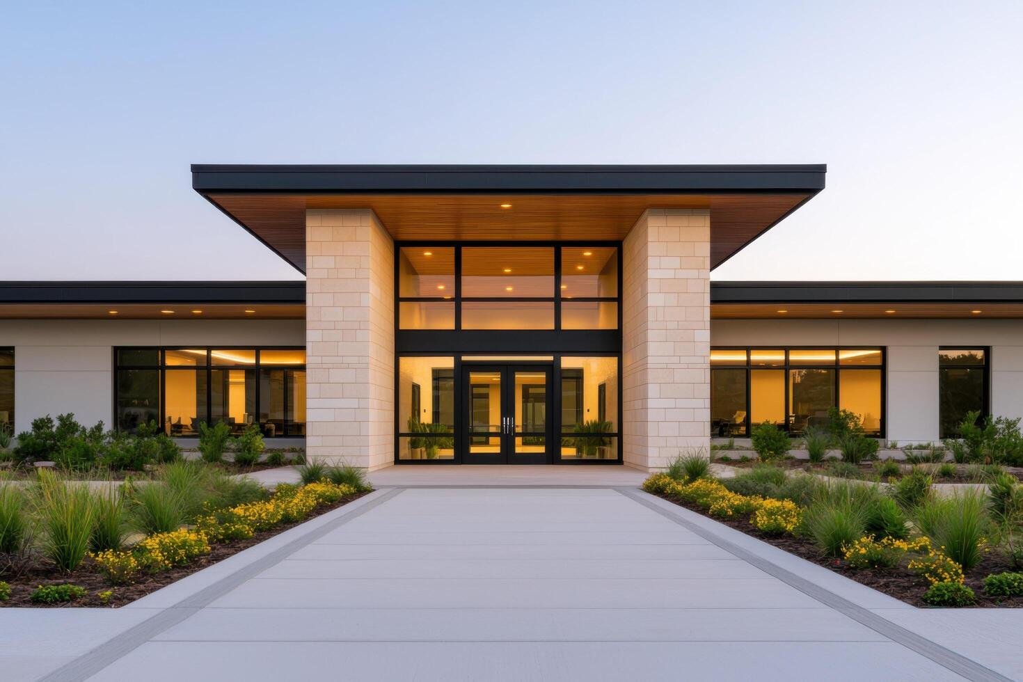 Modern Architectural Design A Stunning Contemporary Commercial Building Entrance at Dusk. The image showcases the building's sleek photo
