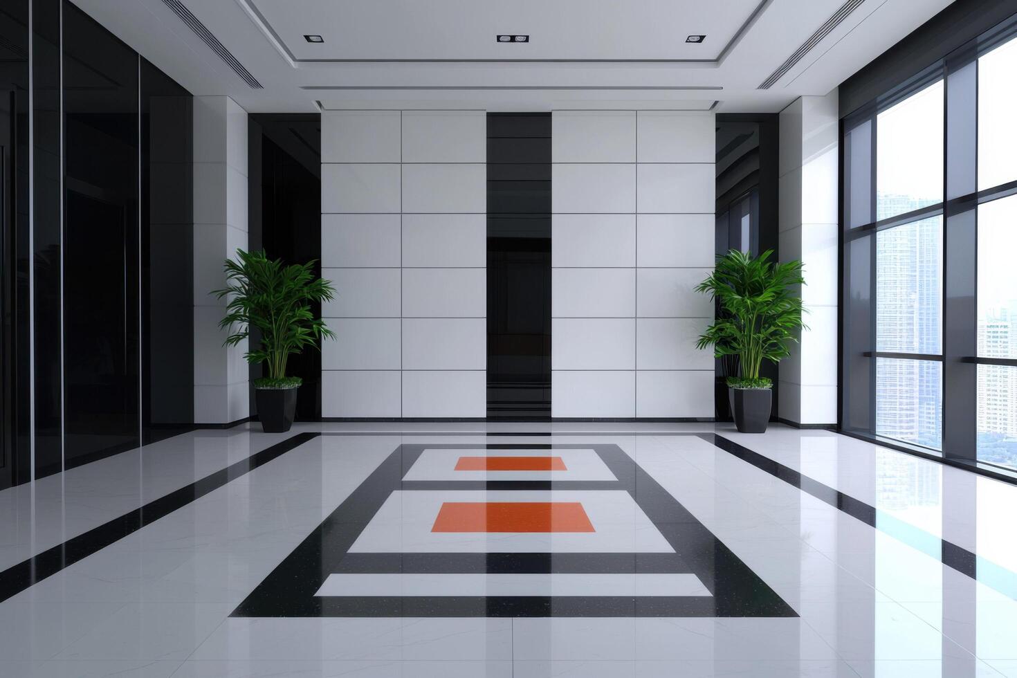 Modern Office Lobby Interior Design Elegant Minimalist Architecture with City Views. Clean lines, stylish decor, and a sophistica photo