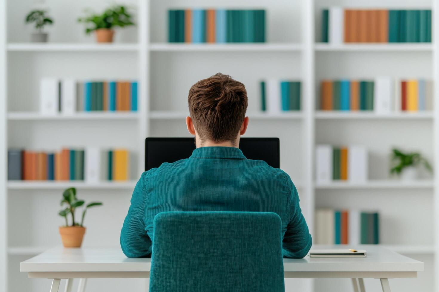 A man sits at a desk in a home office, working on his computer. The room is modern and minimalist, with bookshelves filled with bo photo
