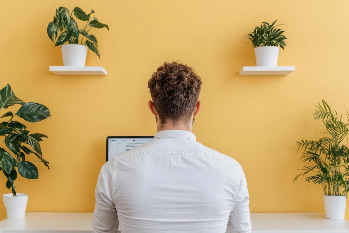 Man Working on Computer at Home Office with Plants. Stylish Minimalist Workspace, Productivity and Focus Concept. Serene and Calm photo