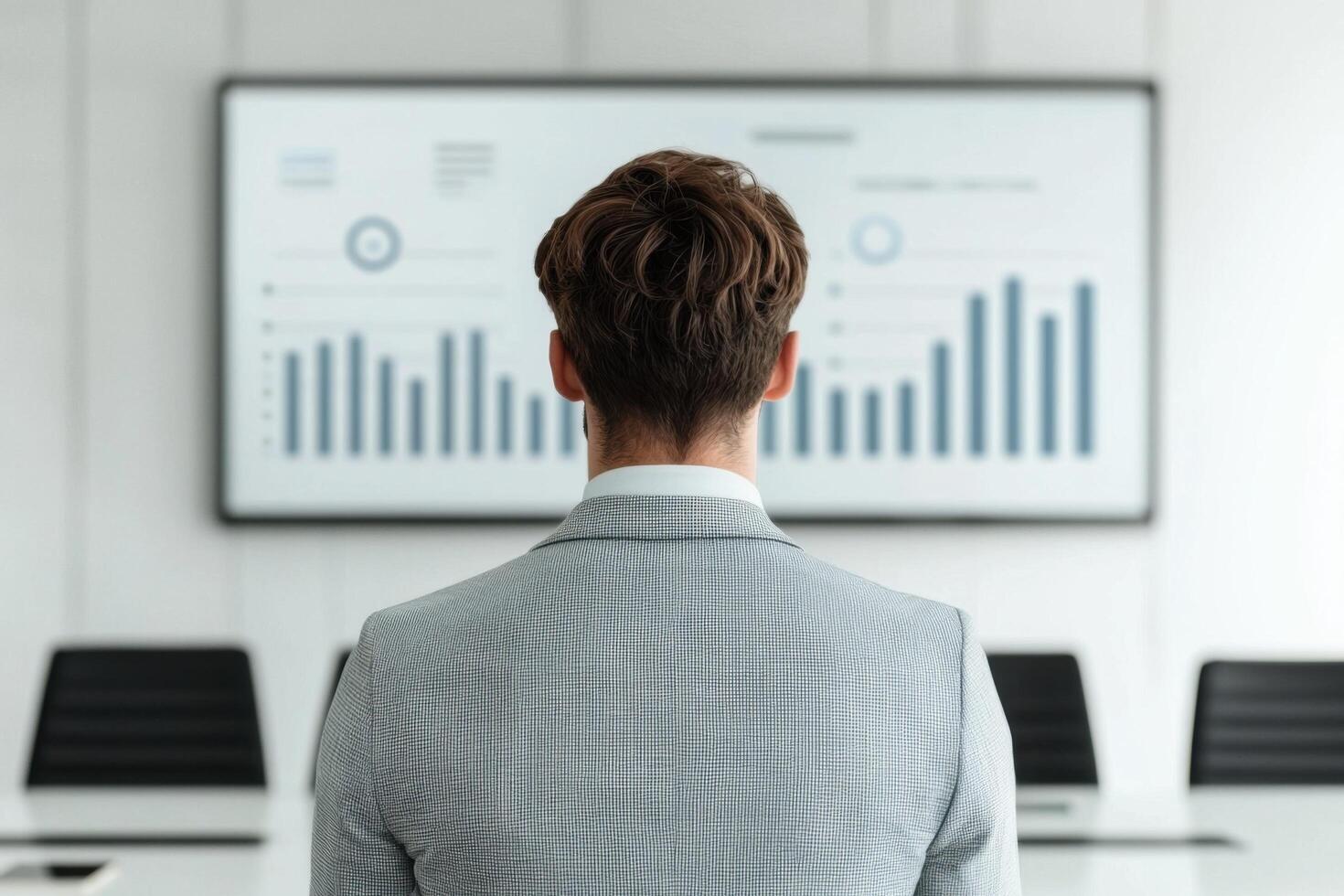 A businessman reviews charts and graphs during a corporate presentation, visualizing growth strategies and financial data for futu photo