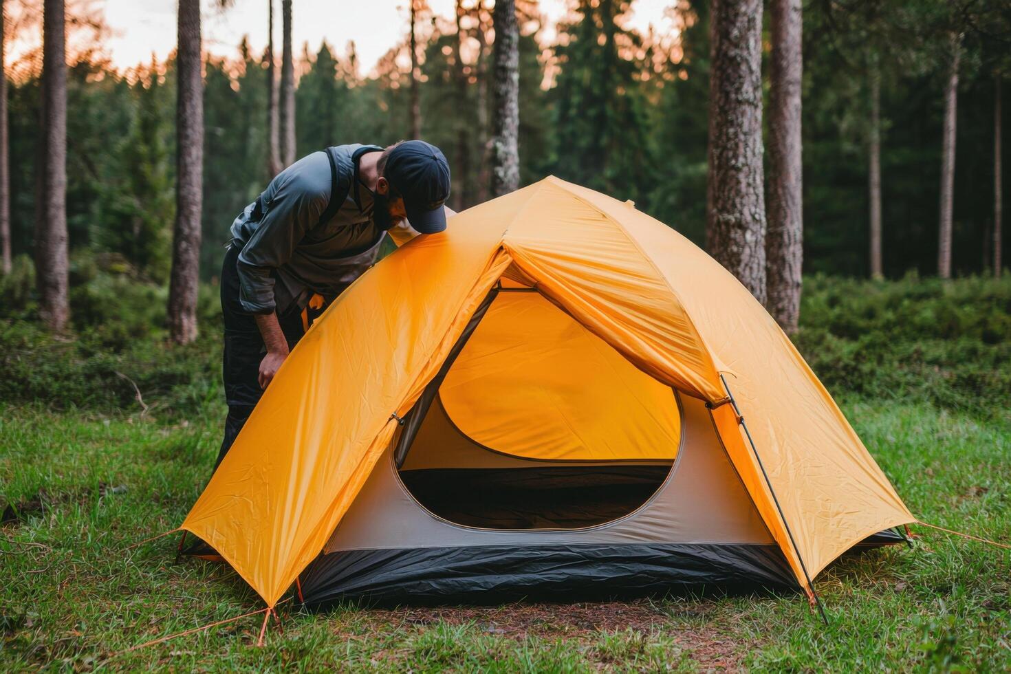 Setting up a Yellow Tent in a Forest Camping Adventure in Nature. Explore the great outdoors, enjoy the journey, embrace the freed photo