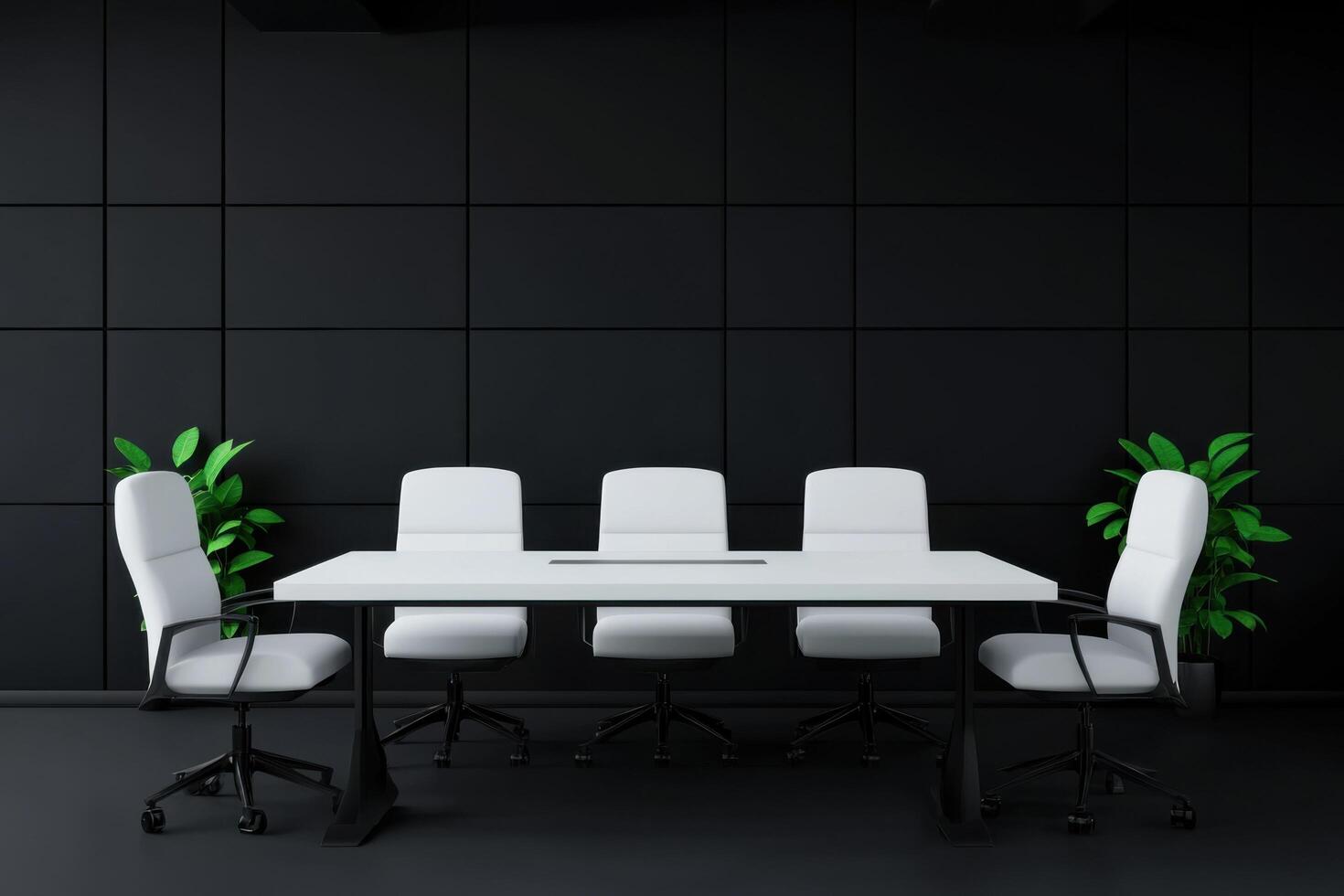 Modern Office Meeting Room Interior Design Black and White Minimalist Workspace. Clean lines, elegant furniture, and a profession photo