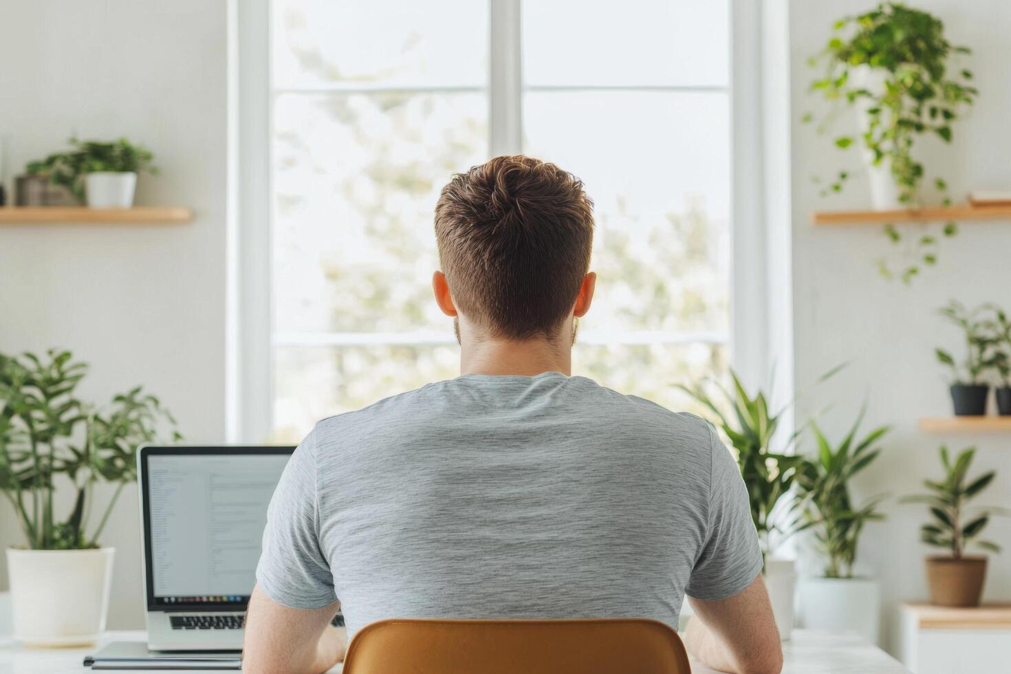 Man Working From Home in a Serene Workspace with Plants and Sunlight Streaming Through a Window. A Peaceful and Productive Atmosph photo