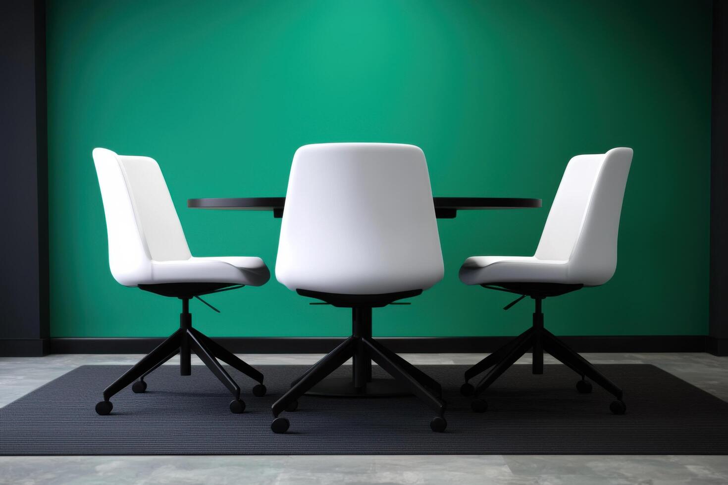 Modern Office Interior Minimalist White Chairs and Table against a Green Wall. Clean, stylish, and professional workspace design. photo