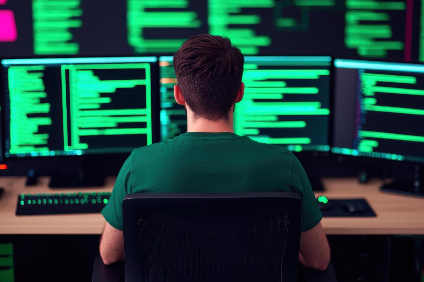 A programmer is working late at night, surrounded by multiple computer screens filled with lines of code. The image conveys a sens photo