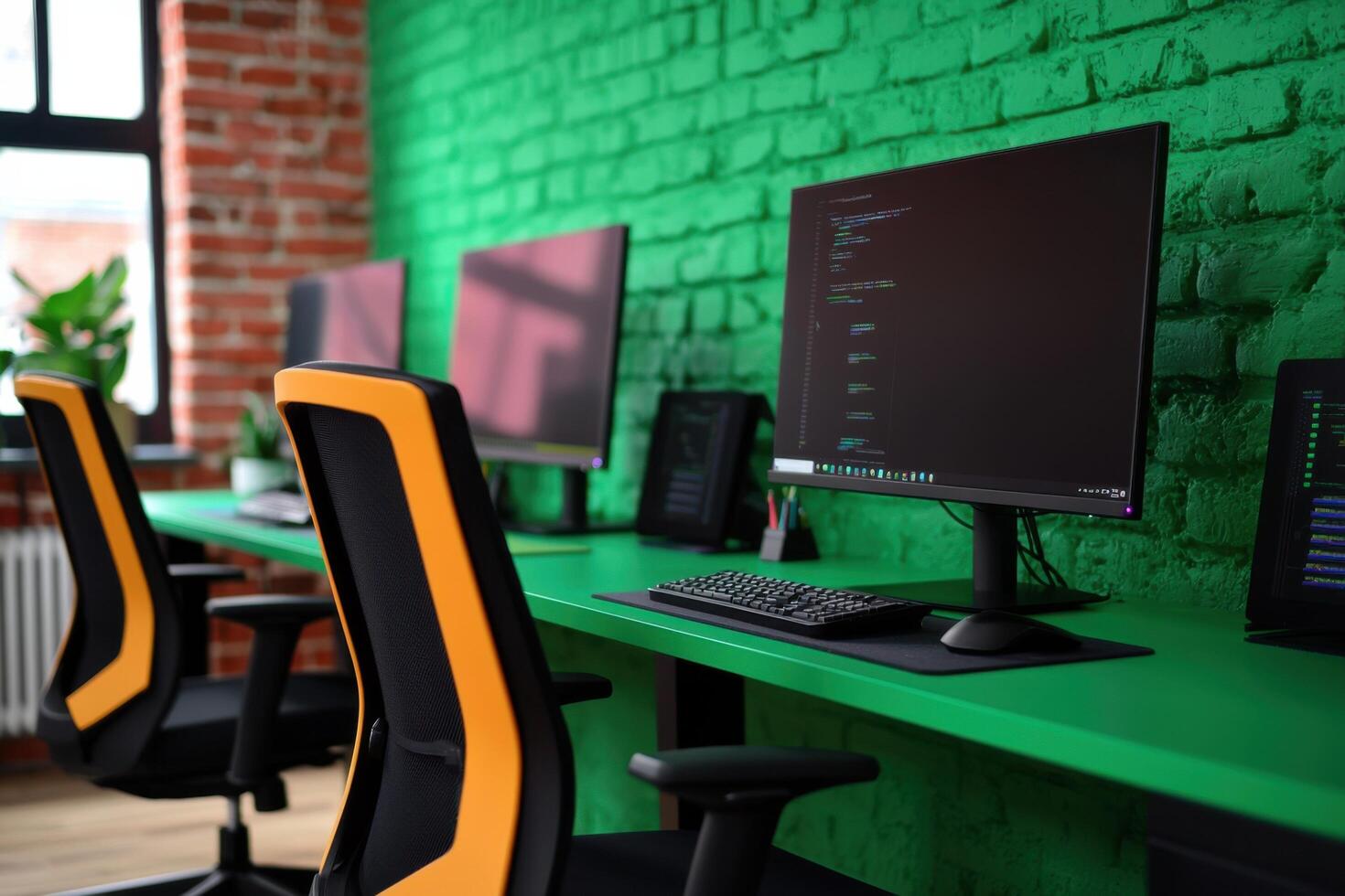Modern Tech Workspace Green Office Desk with Computers, Programming, and Ergonomic Chair photo