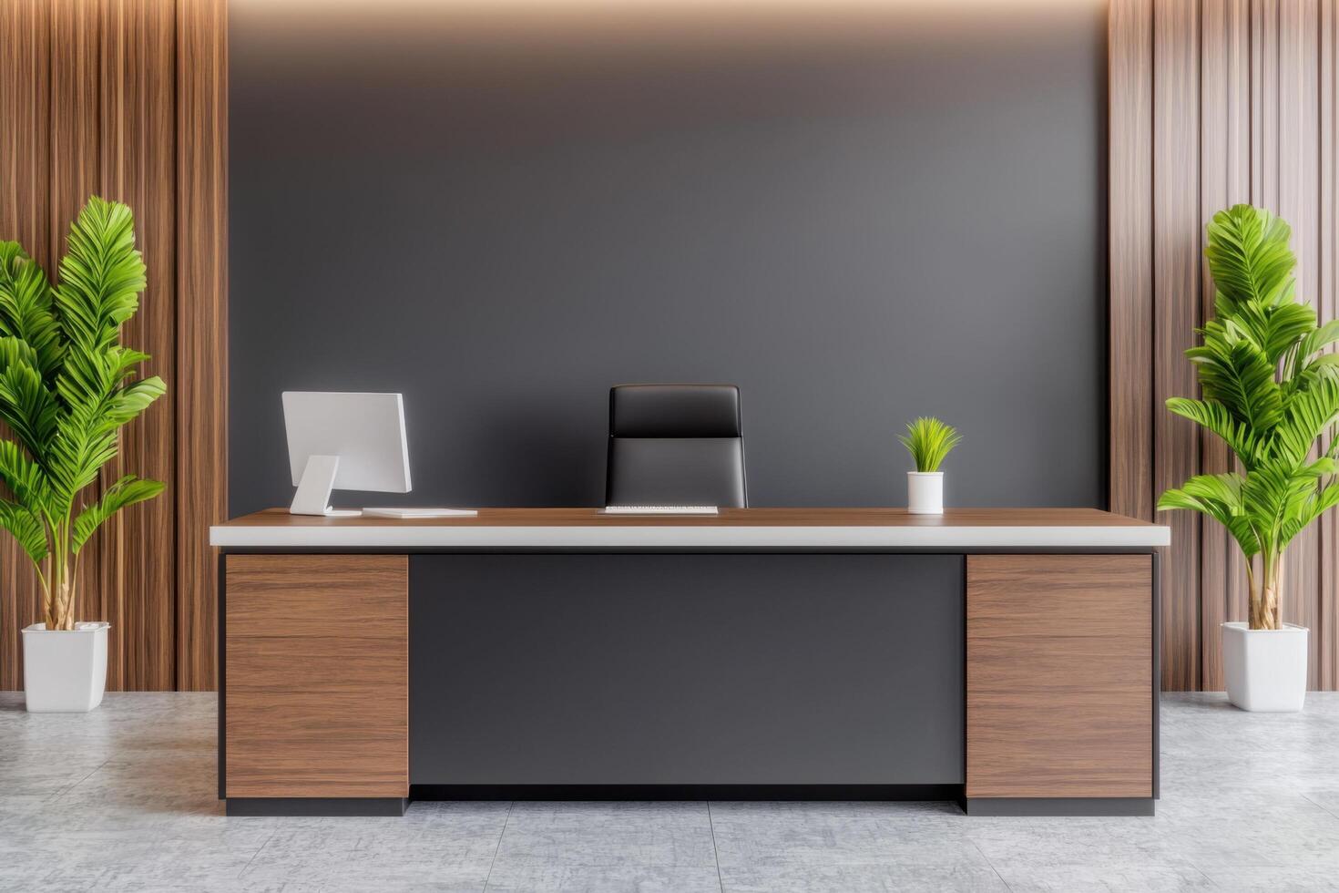 Modern Office Interior Design Elegant Workspace with Black and Wood Desk photo