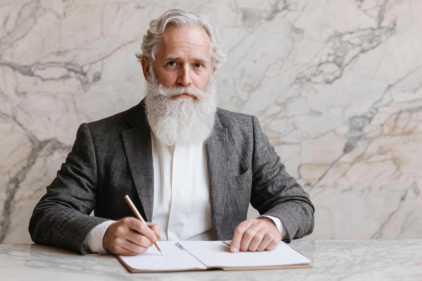 Portrait of a Senior Businessman with Gray Hair and Beard Writing in a Notebook. Thoughtful Expression, Professional Attire, and S photo