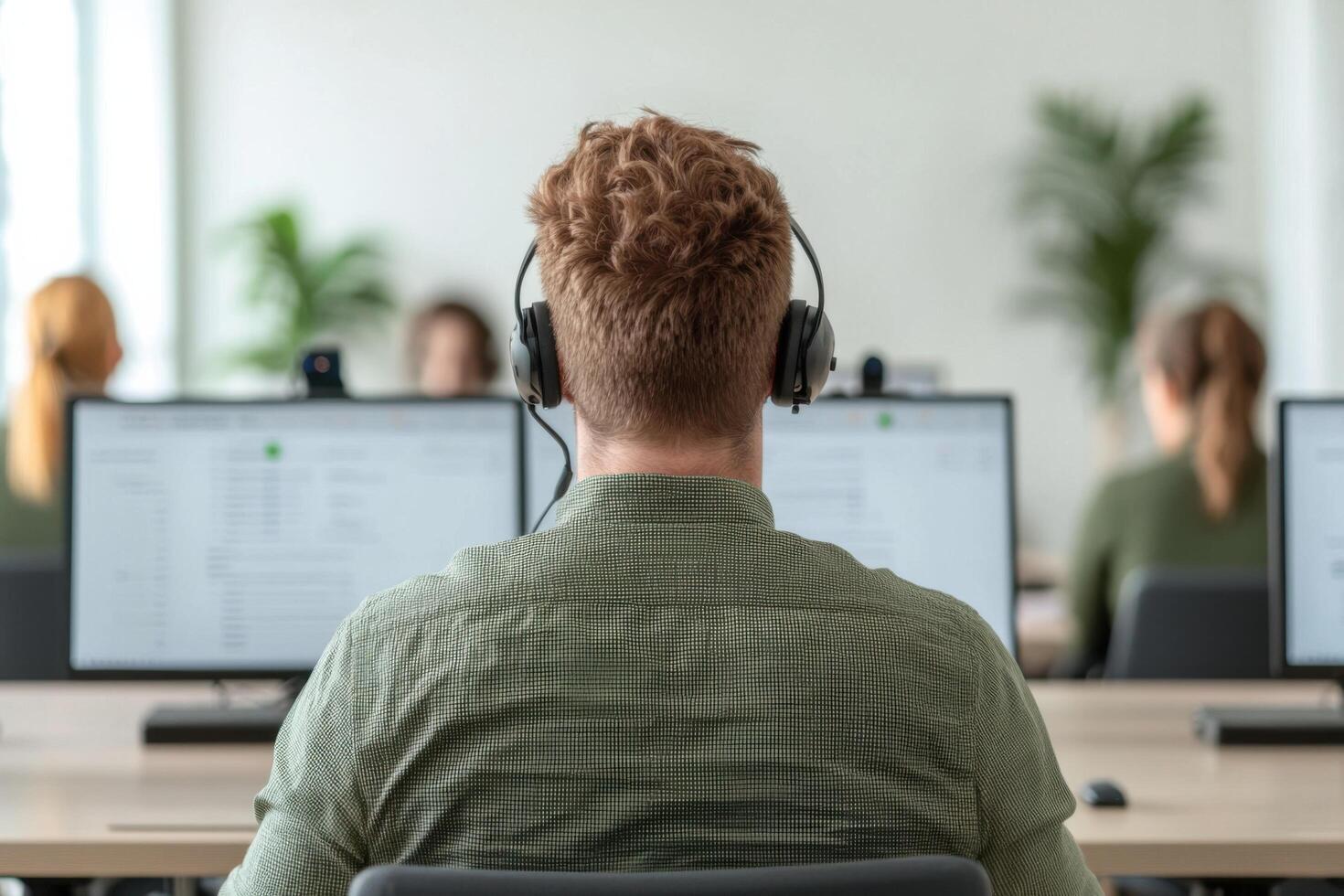 Back view of a customer service operator in a headset, working at a computer in a modern office. Providing customer support and as photo