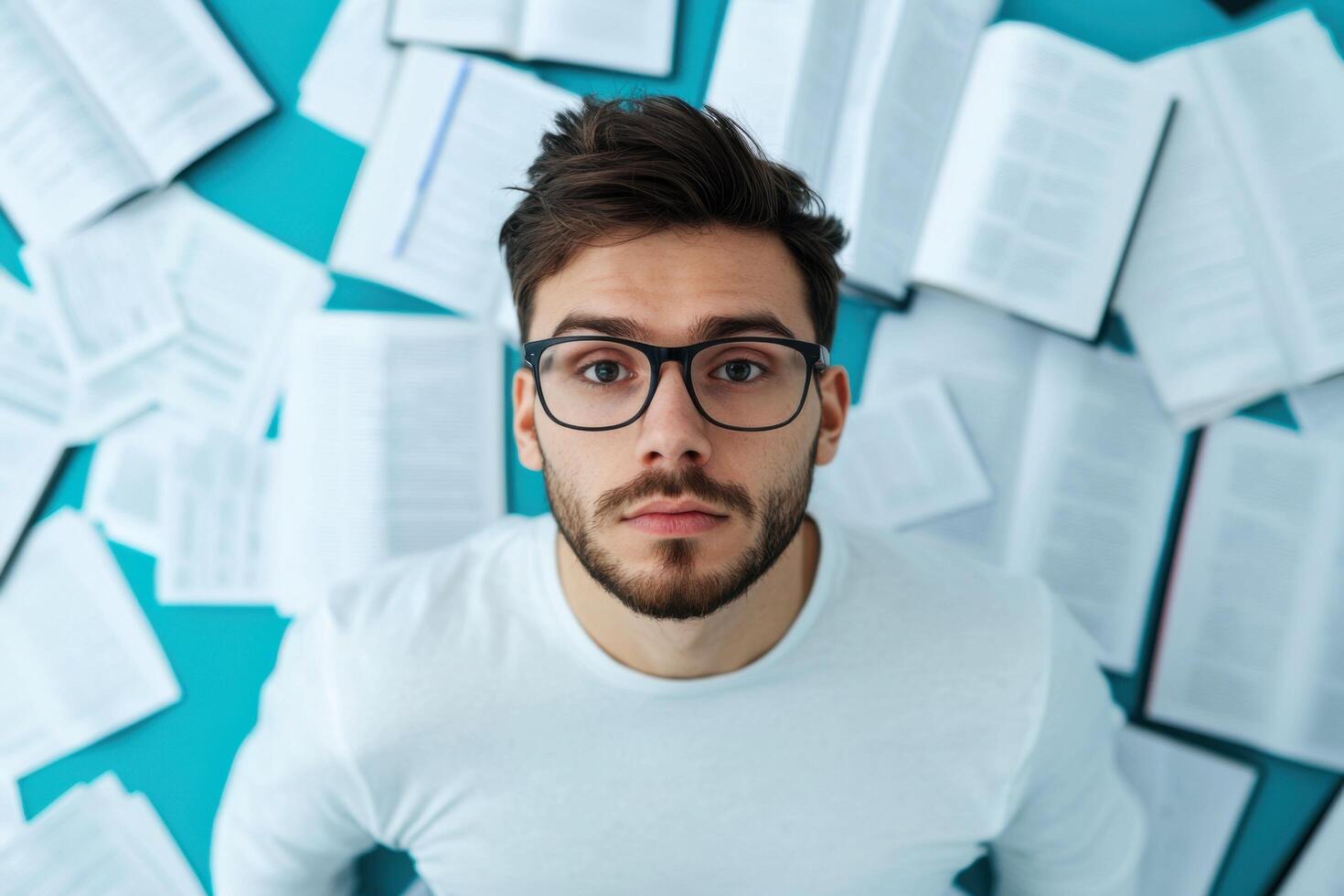 Overwhelmed Student Surrounded by Books and Papers A Portrait of Academic Stress photo
