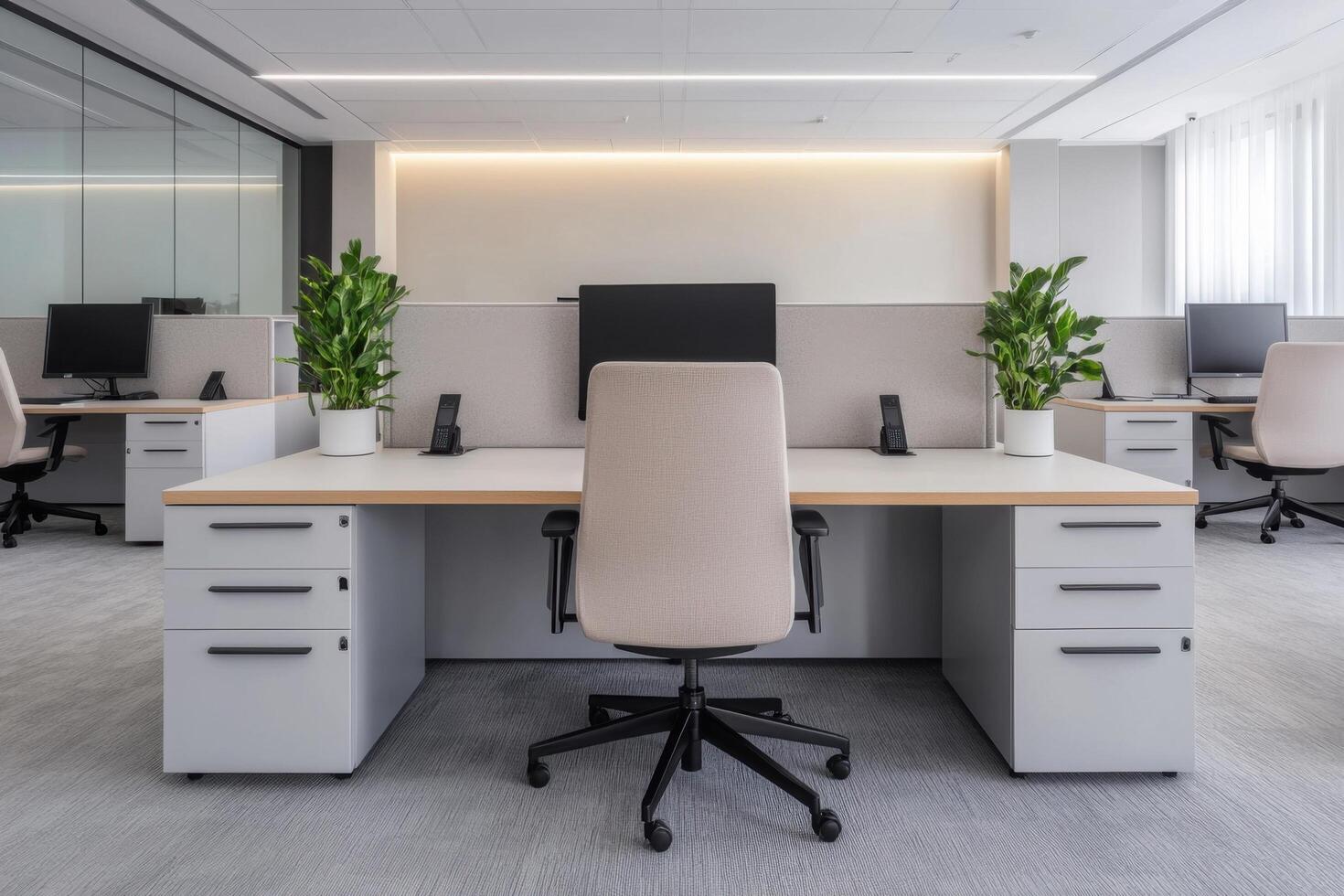 Modern Office Interior Design Stylish and Functional Workspace. Contemporary architecture, minimalist aesthetic, clean lines, com photo