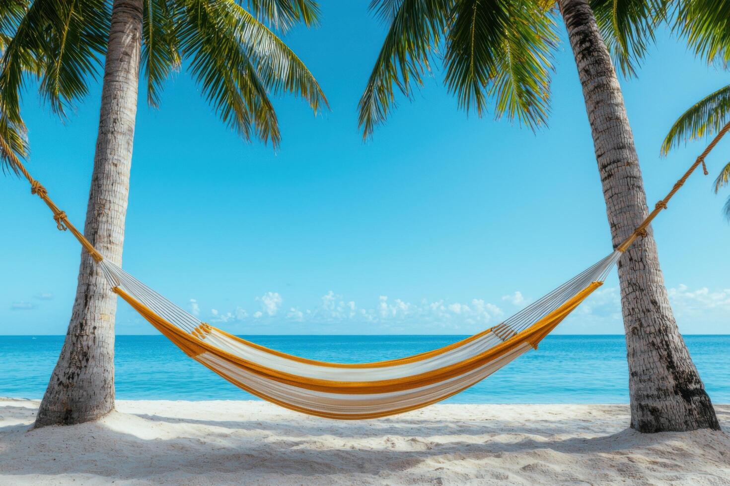 Escape to Paradise Relaxing Hammock on a Tropical Beach. Picture perfect summer vacation getaway, serene ocean view, peaceful tro photo