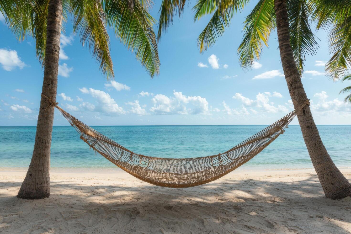 Serene Hammock Scene on Tropical Beach Idyllic Summer Vacation Getaway. Relaxing Ocean View, Palm Trees, and Azure Waters. Perfect photo
