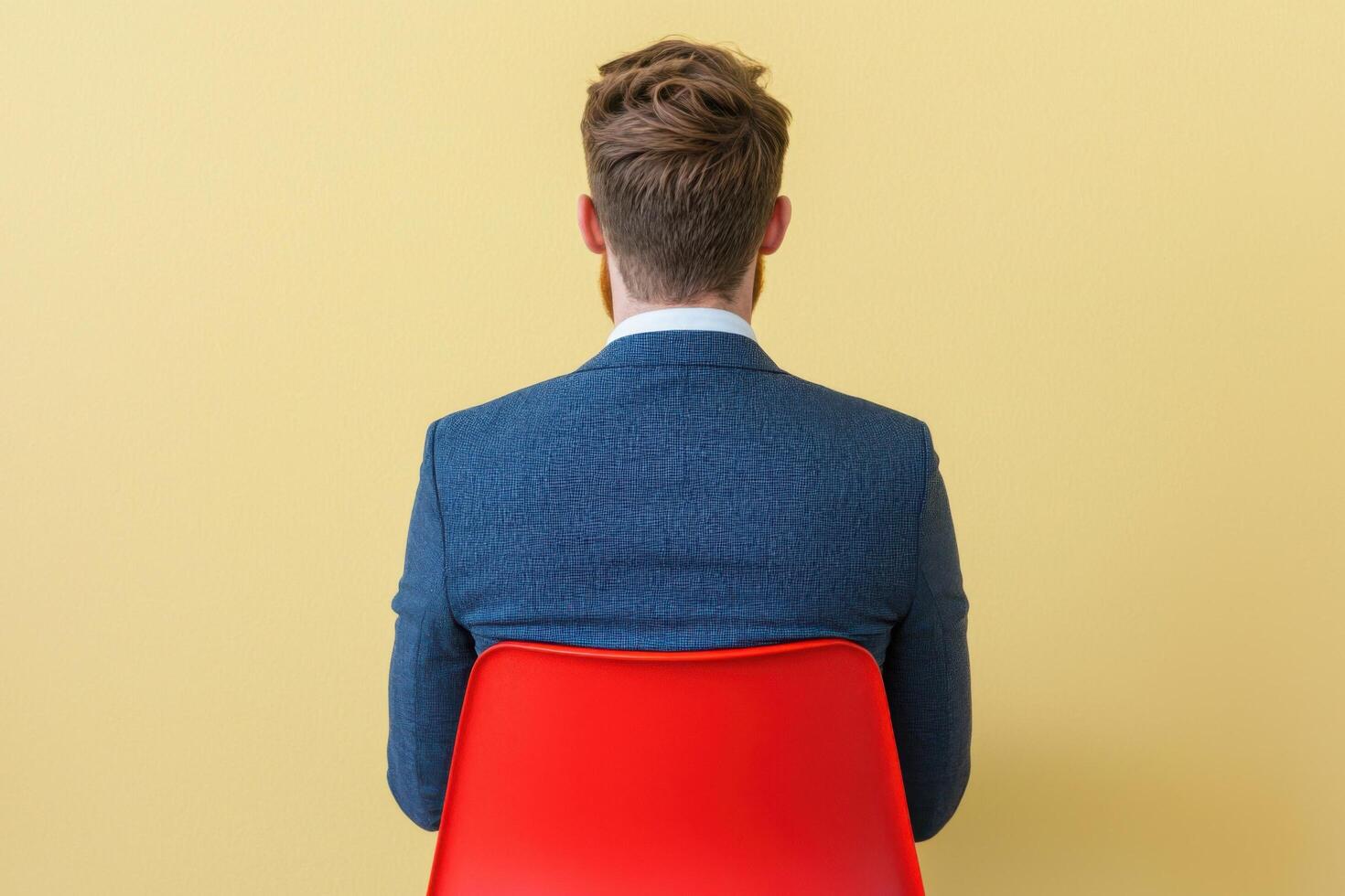 A man in a suit sits on a red chair, viewed from behind. The image is simple yet evocative, capturing a moment of contemplation or photo