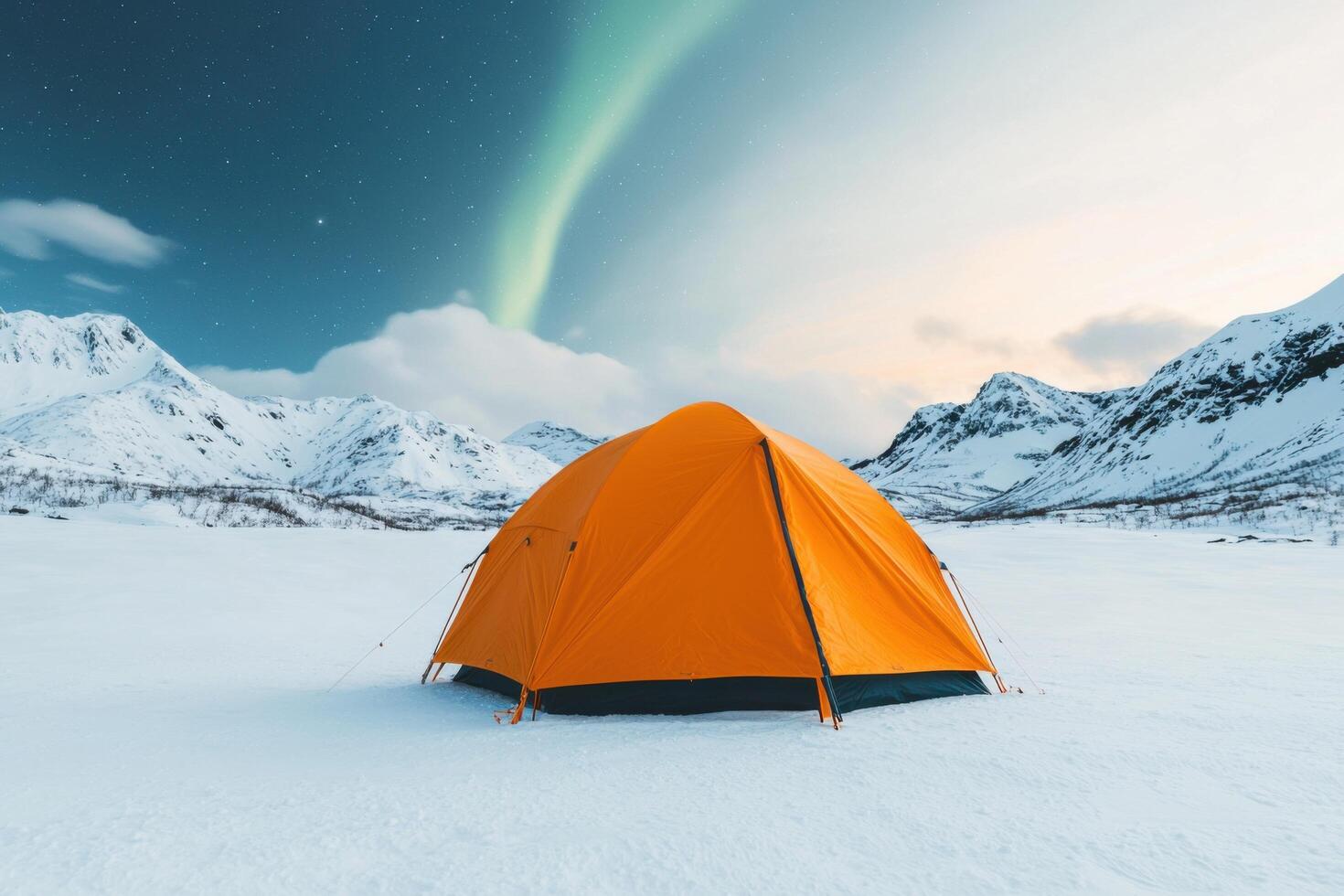 Winter Camping Adventure Orange Tent Under the Aurora in Snowy Mountains. Escape to serenity, explore the wild, and embrace the ch photo