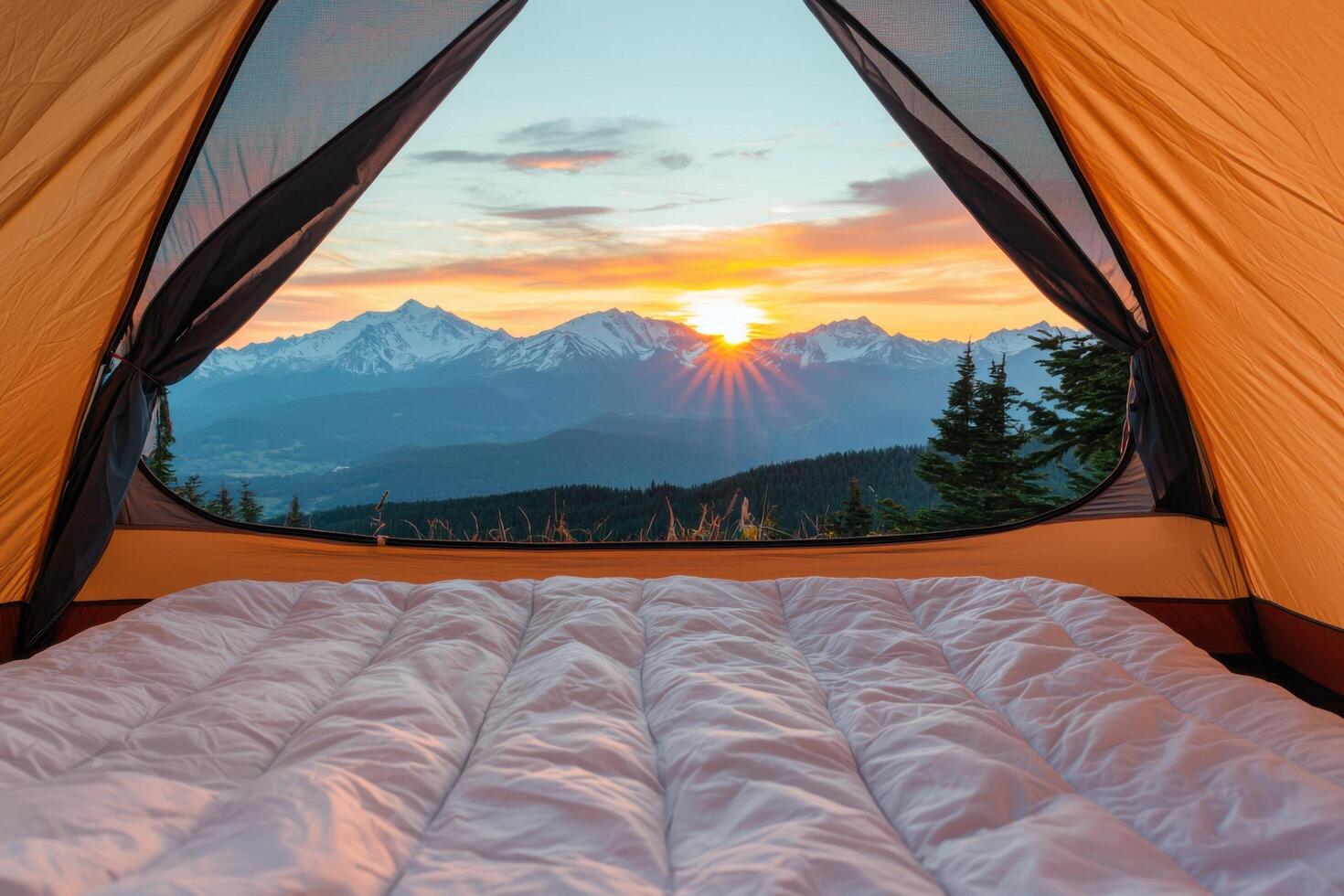 Sunrise Mountain Camping A breathtaking panoramic view from inside a tent, showcasing the majestic mountains, peaceful scenery, an photo