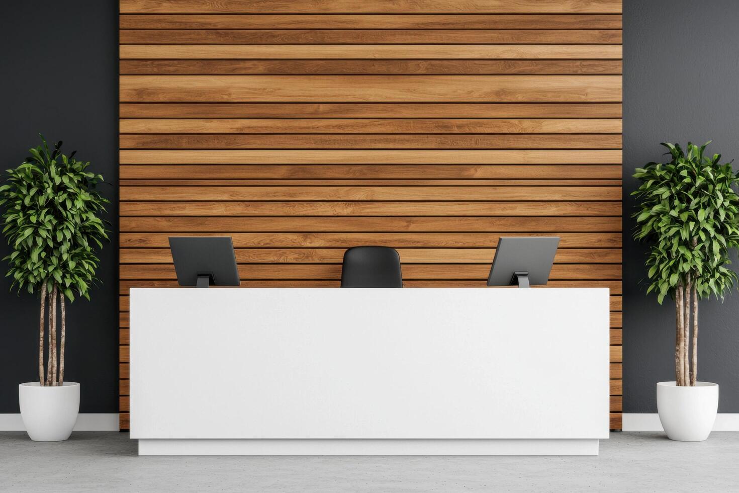 Modern Office Reception Desk with Wooden Wall Design. Clean, Minimalist Interior Workspace. Contemporary Corporate Business Settin photo