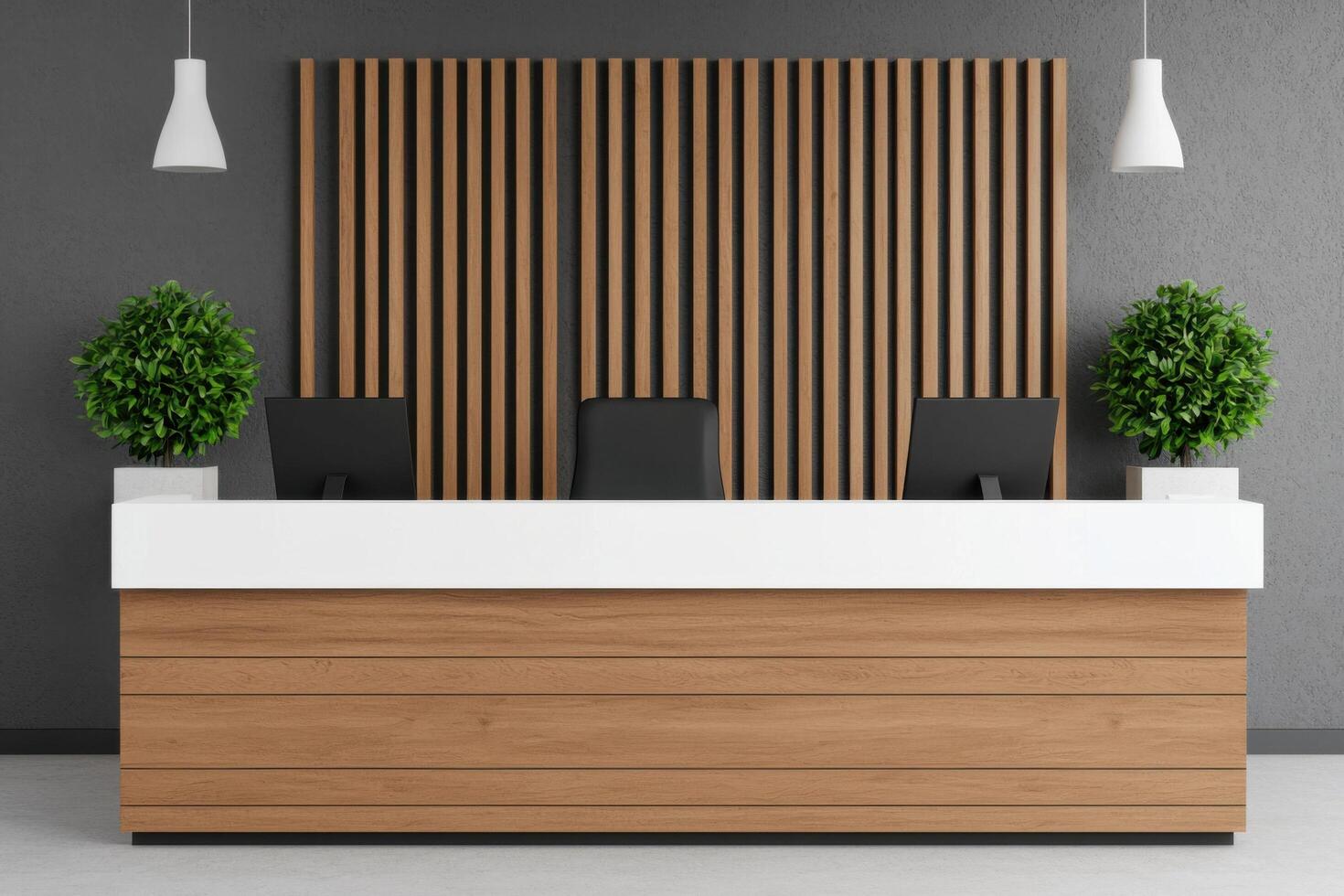 Modern Reception Desk Contemporary Office Interior Design. Clean lines, elegant wood, and minimalist aesthetic create a profession photo