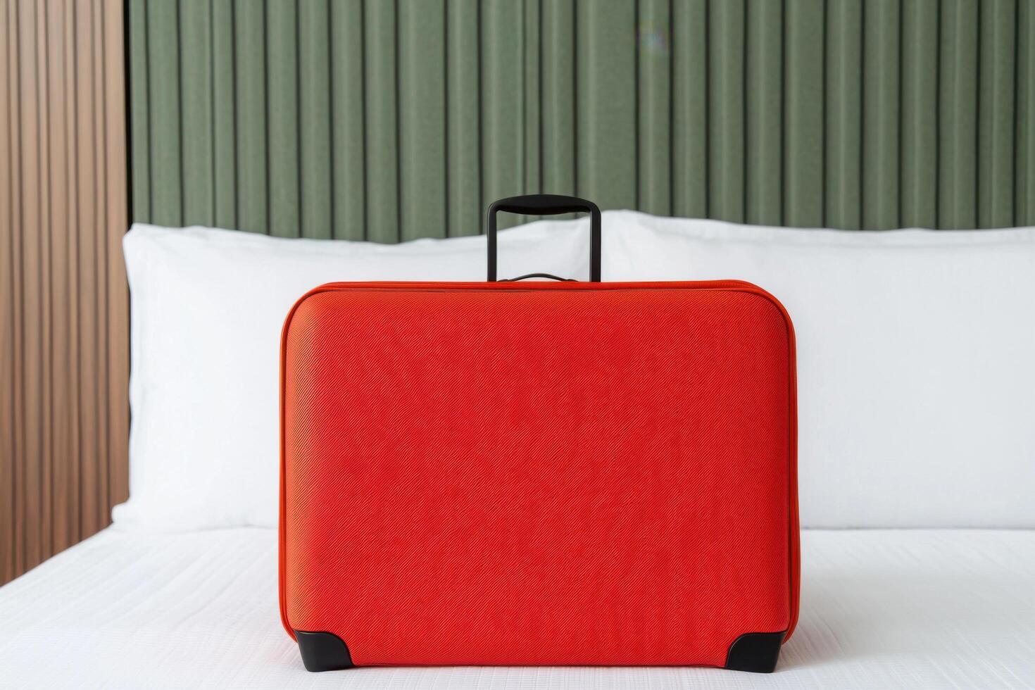Red Suitcase on Hotel Bed Travel, Vacation, Journey, Trip, Holiday, Adventure, Explore, Wanderlust, Packing photo