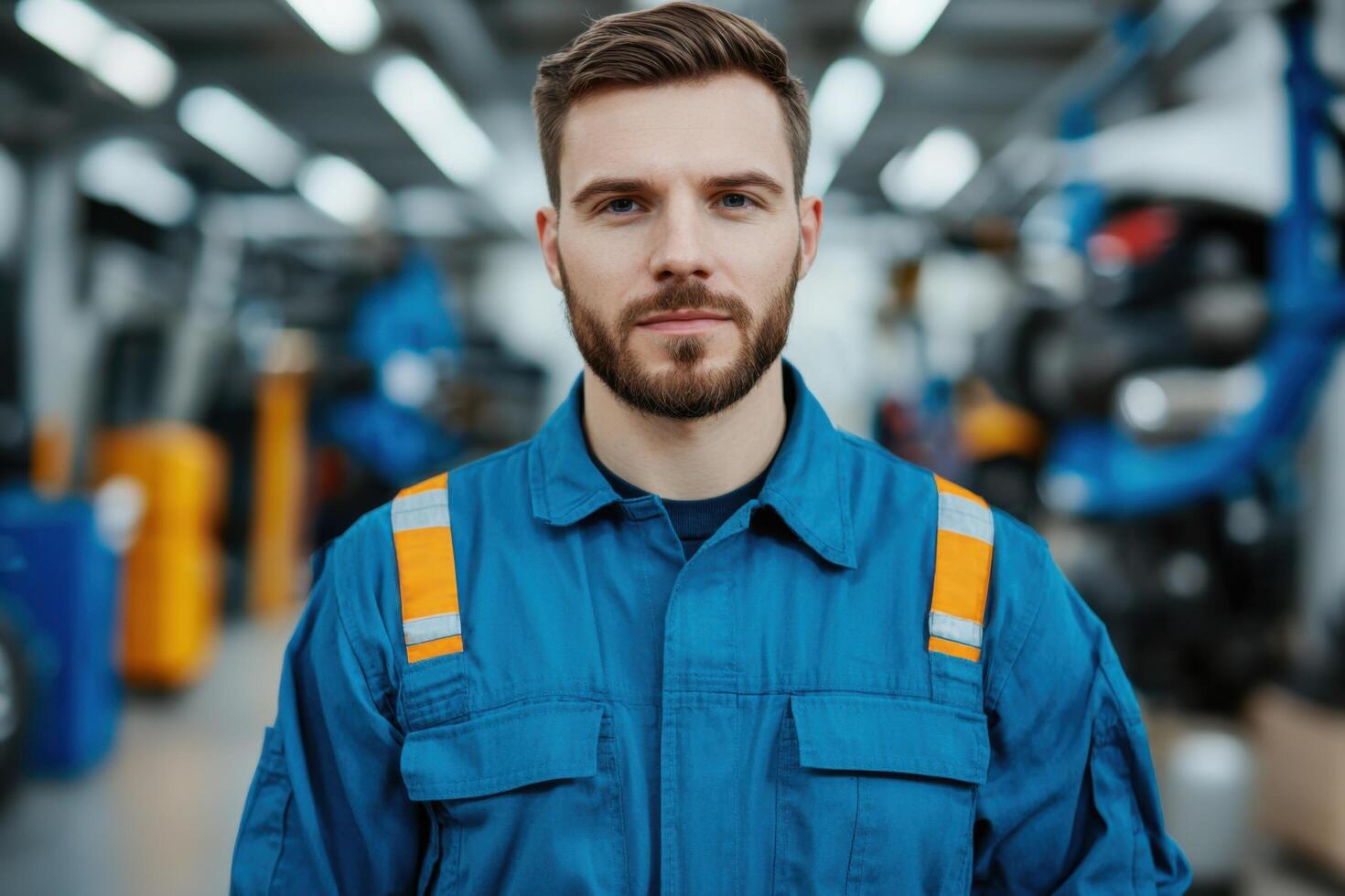 Portrait of a Confident Industrial Worker A Skilled Mechanic in a Blue Uniform, Hard at Work in a Modern Factory Setting. He Repr photo