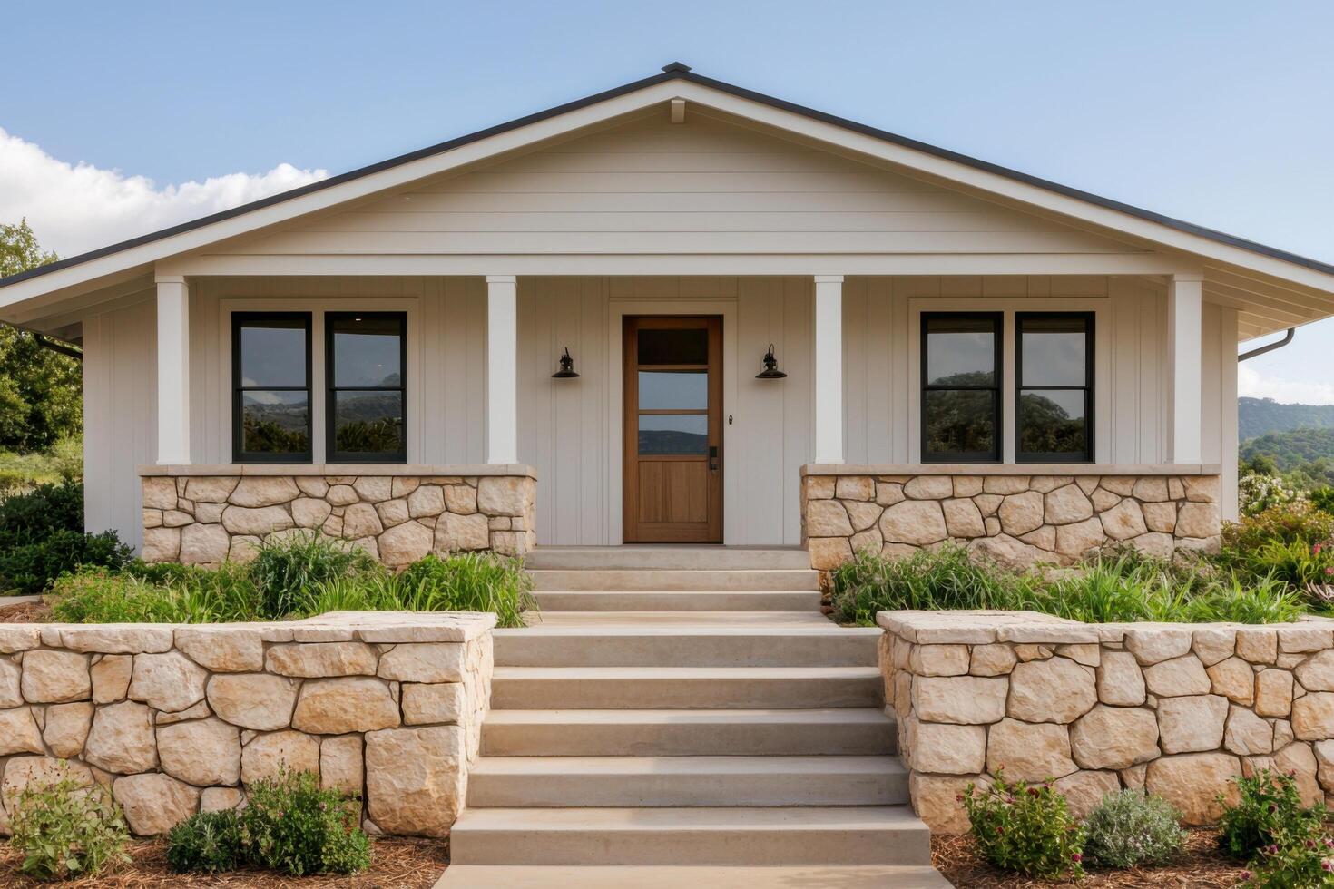 Modern Ranch House Exterior Stone Facade, Steps, and Landscaping. A picture of a beautiful modern ranch house with stone facade, s photo