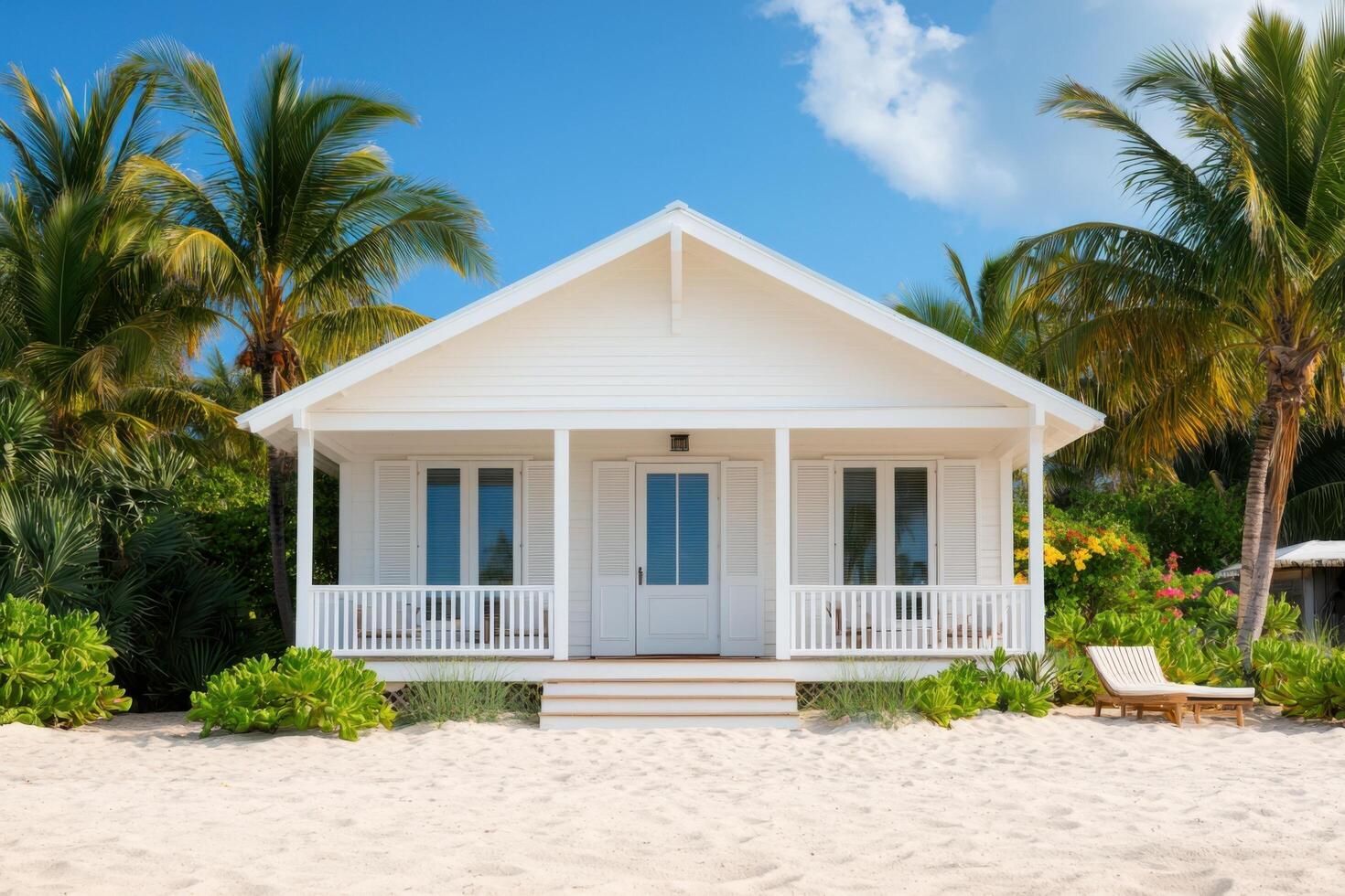 Beachfront Tropical House Luxurious Vacation Home in Paradise. A stunning white house with palm trees on a pristine beach, offeri photo