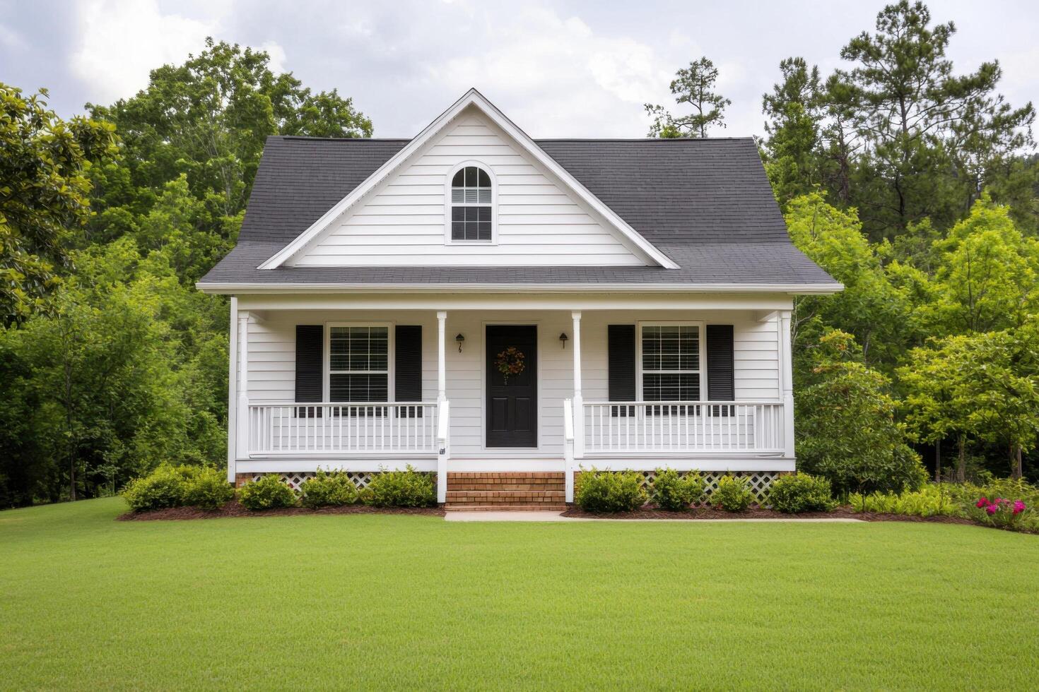 Alluring All White House Exterior Dream Home in Lush Green Landscape. Classic American Architecture, Perfect for Suburban Living. photo