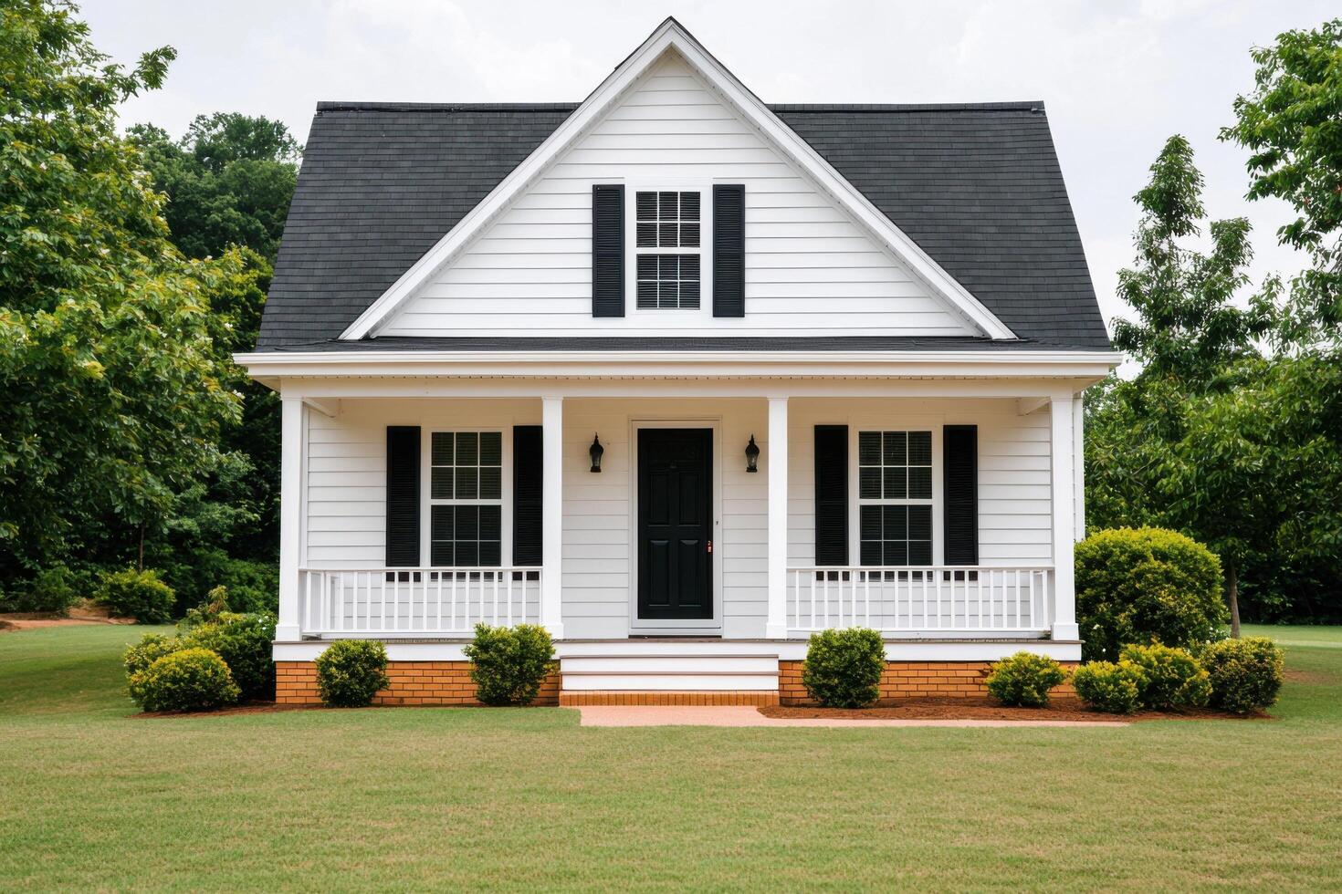 Alluring All American House White Exterior, Black Windows, Cozy Porch, Landscaped Yard, Dream Home, Family Home, Perfect Suburban photo