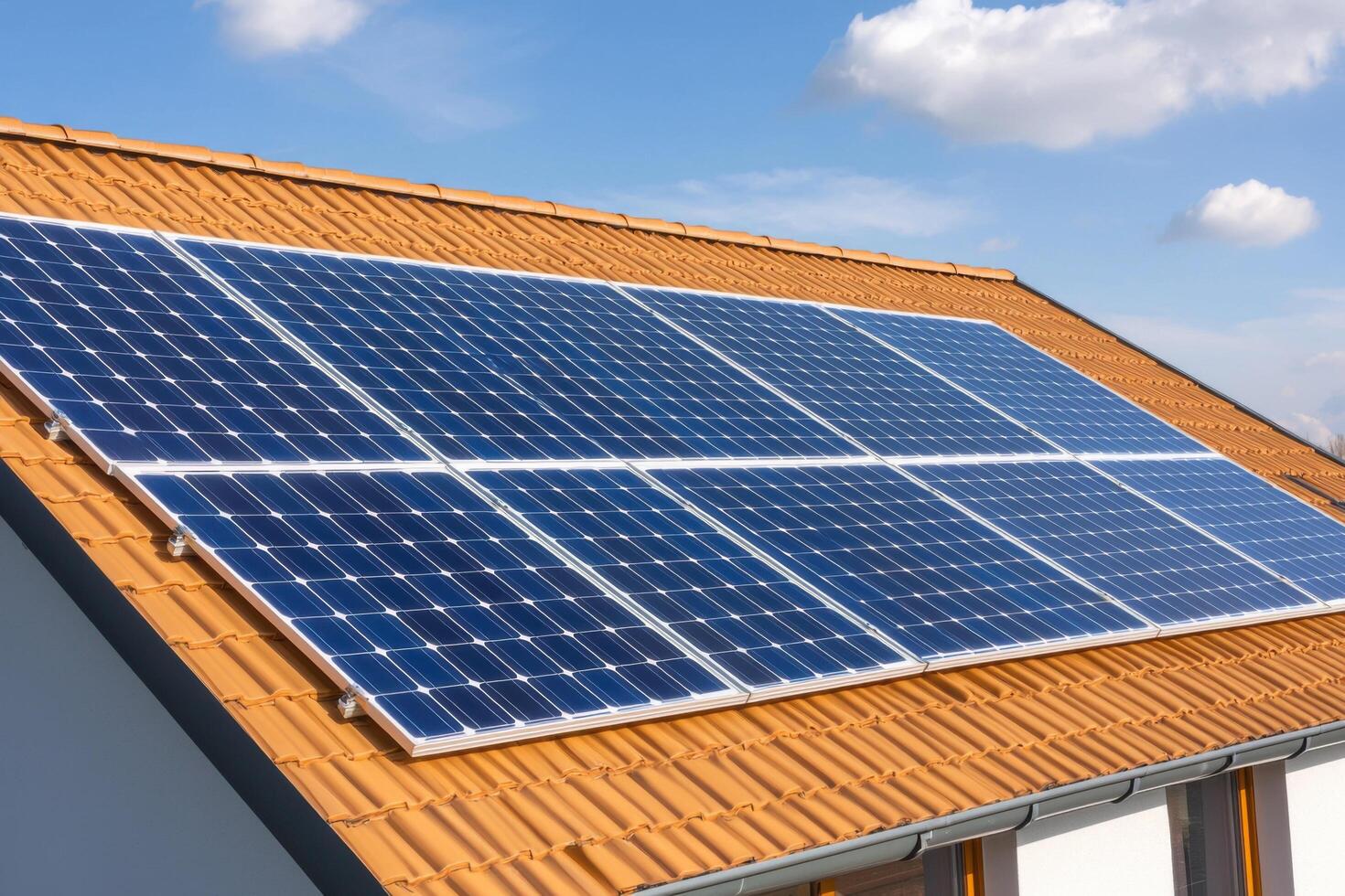 Harnessing Solar Power Rooftop Solar Panel Installation on a Residential Home. Clean, sustainable energy for a brighter future. Ec photo