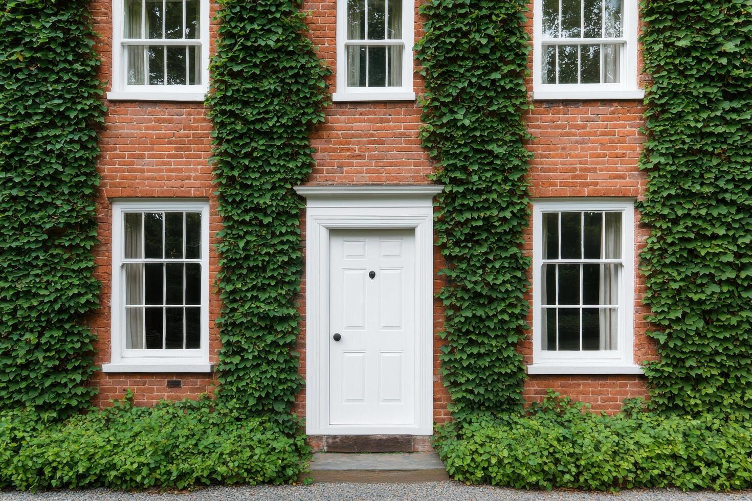 Picturesque Brick House with Lush Ivy Classic English Architecture, Charming Home Exterior, White Door, Green Plants, Traditional photo